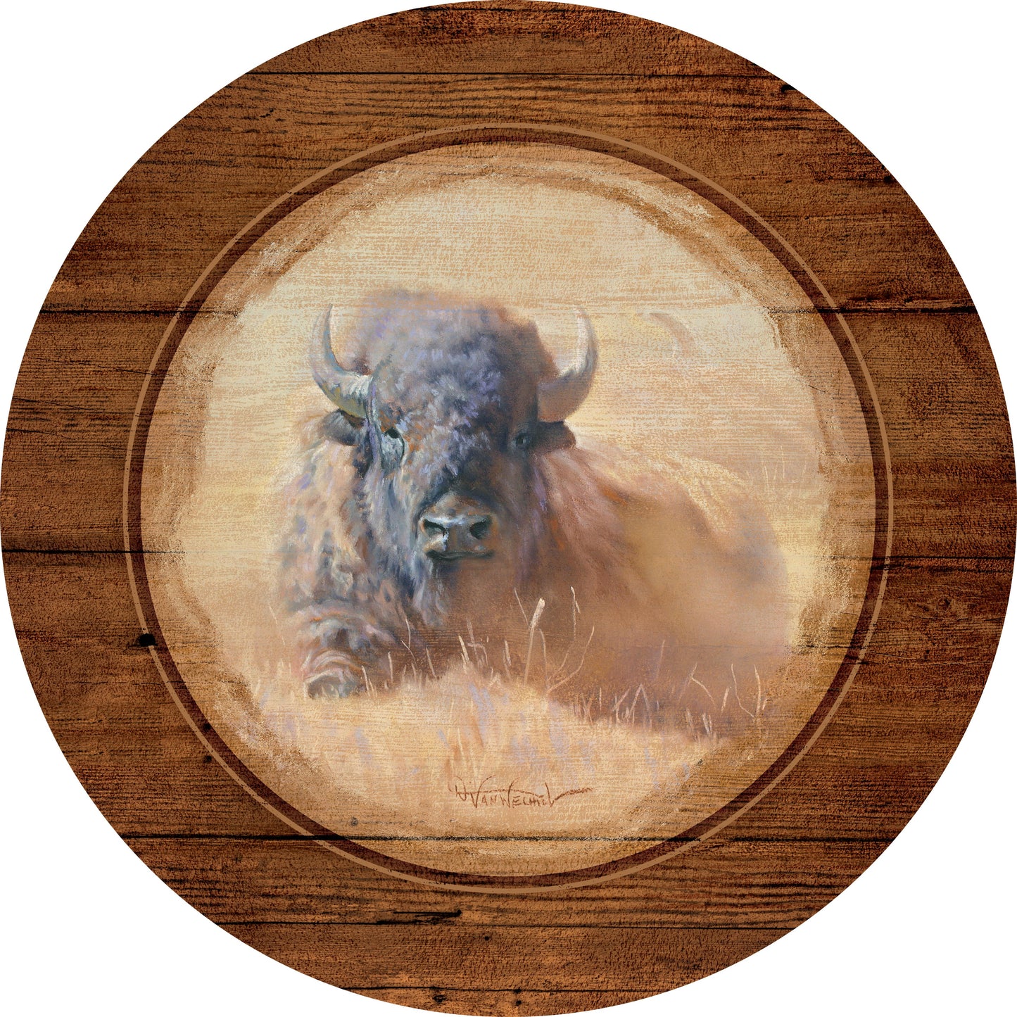 Resting Bull-Bison - 12.5" Round Wood Sign