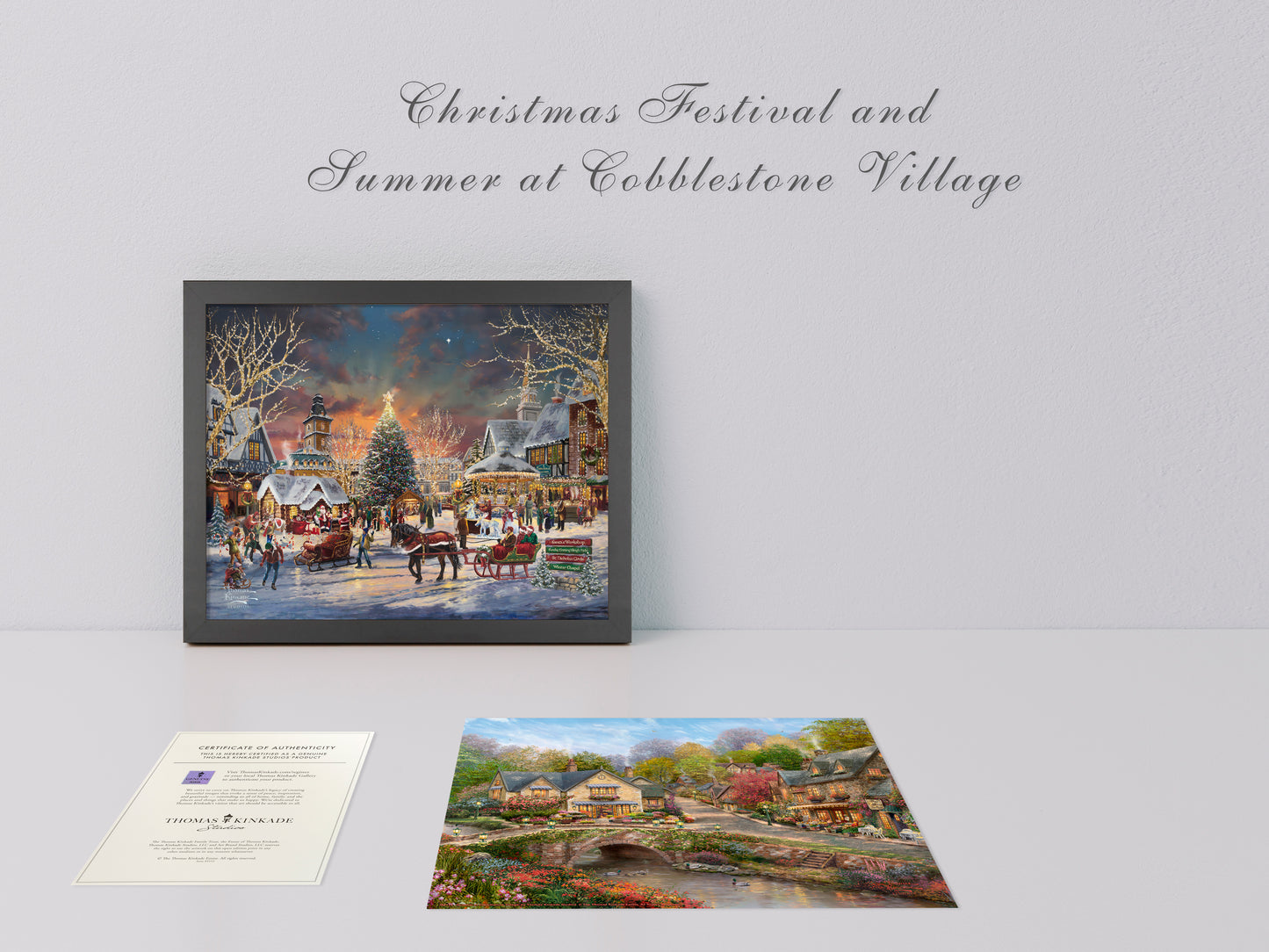 Christmas Festival and Summer at Cobblestone Village - 11" x 14" Black Framed Art Print (2-in-1)