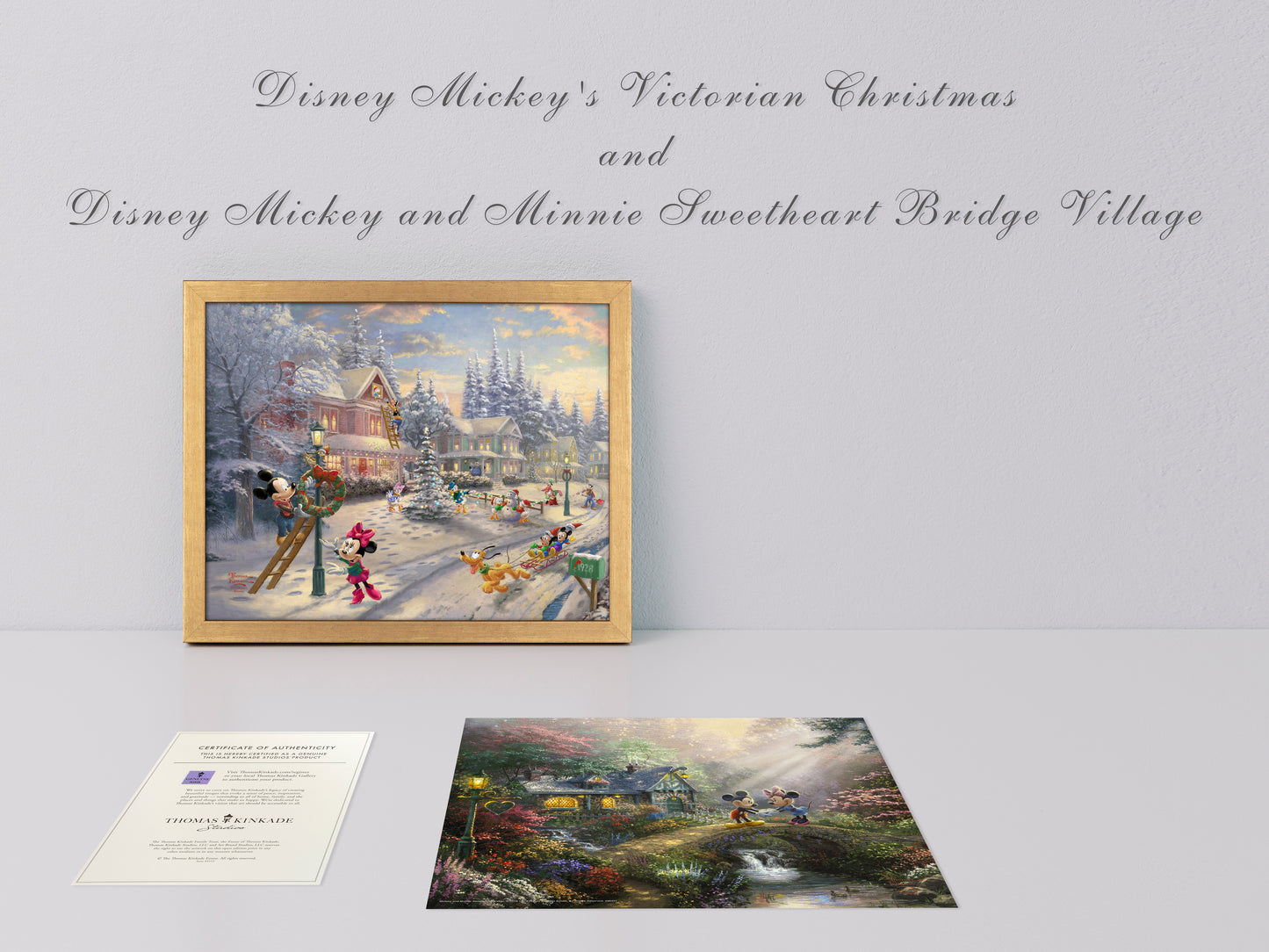 Disney Mickey and Minnie Victorian Christmas and Disney Mickey and Minnie Sweetheart Bridge - 11" x 14" Gold Framed Art Print (2-in-1)