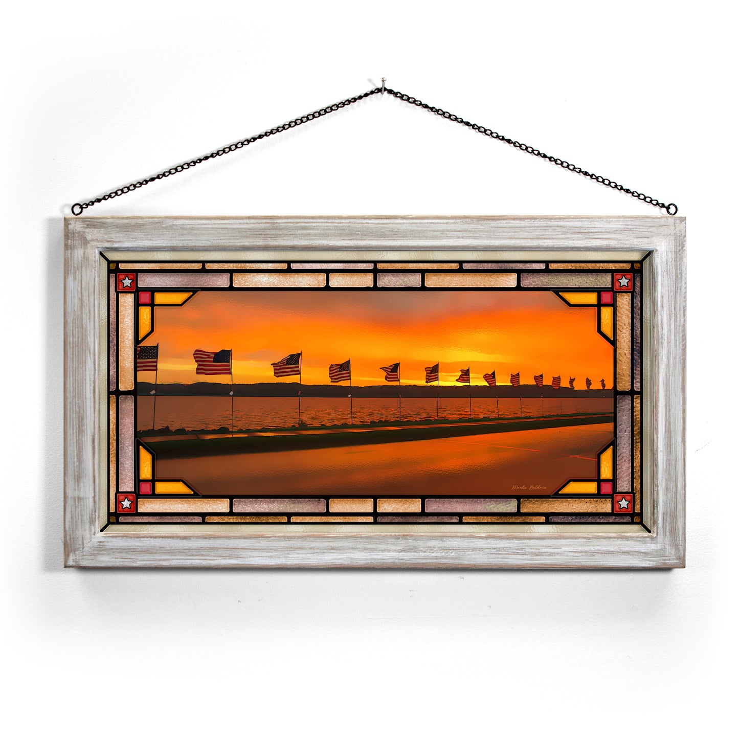 Flags of Valor at Sunset - 13" x 23" Stained Glass Art