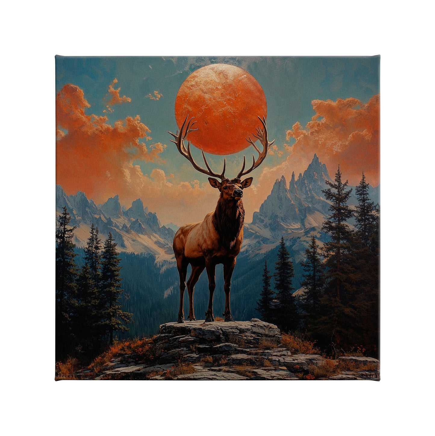 A painting of a deer with the sun above