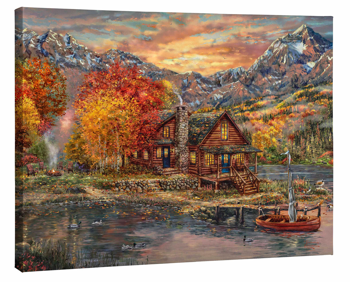 Painting of sunset over a village with mountains and trees