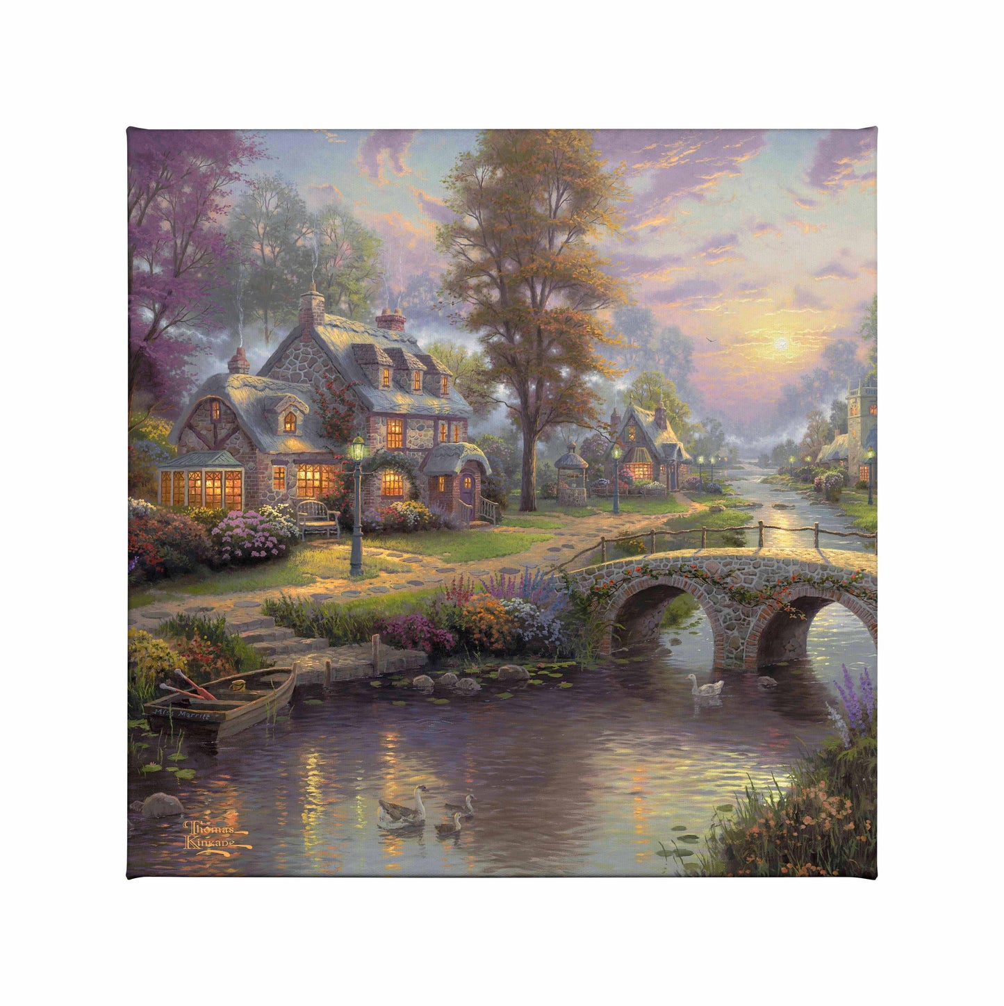 Painting of sunset over a house and bridge by the river