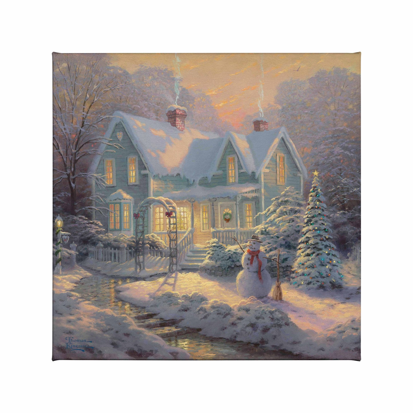 Painting of a Christmas cottage with trees