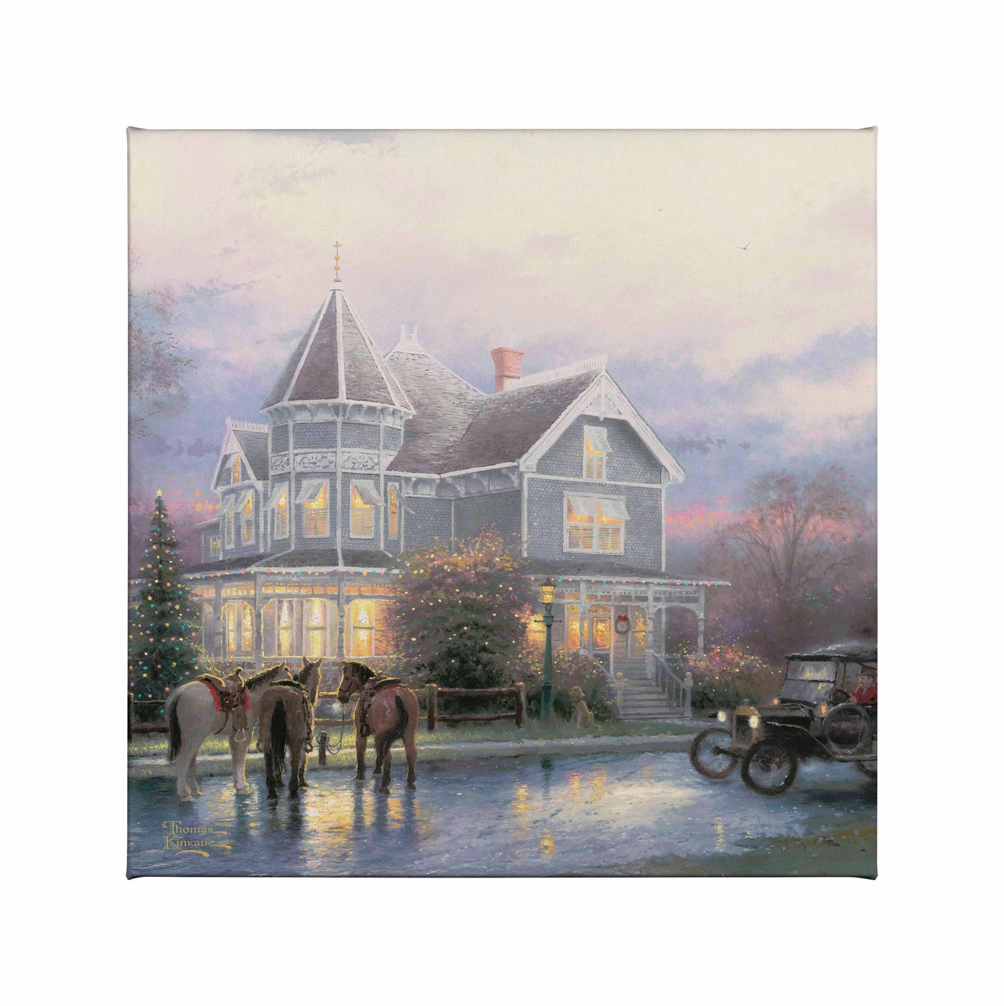 Painting of a Christmas house with trees and horses around