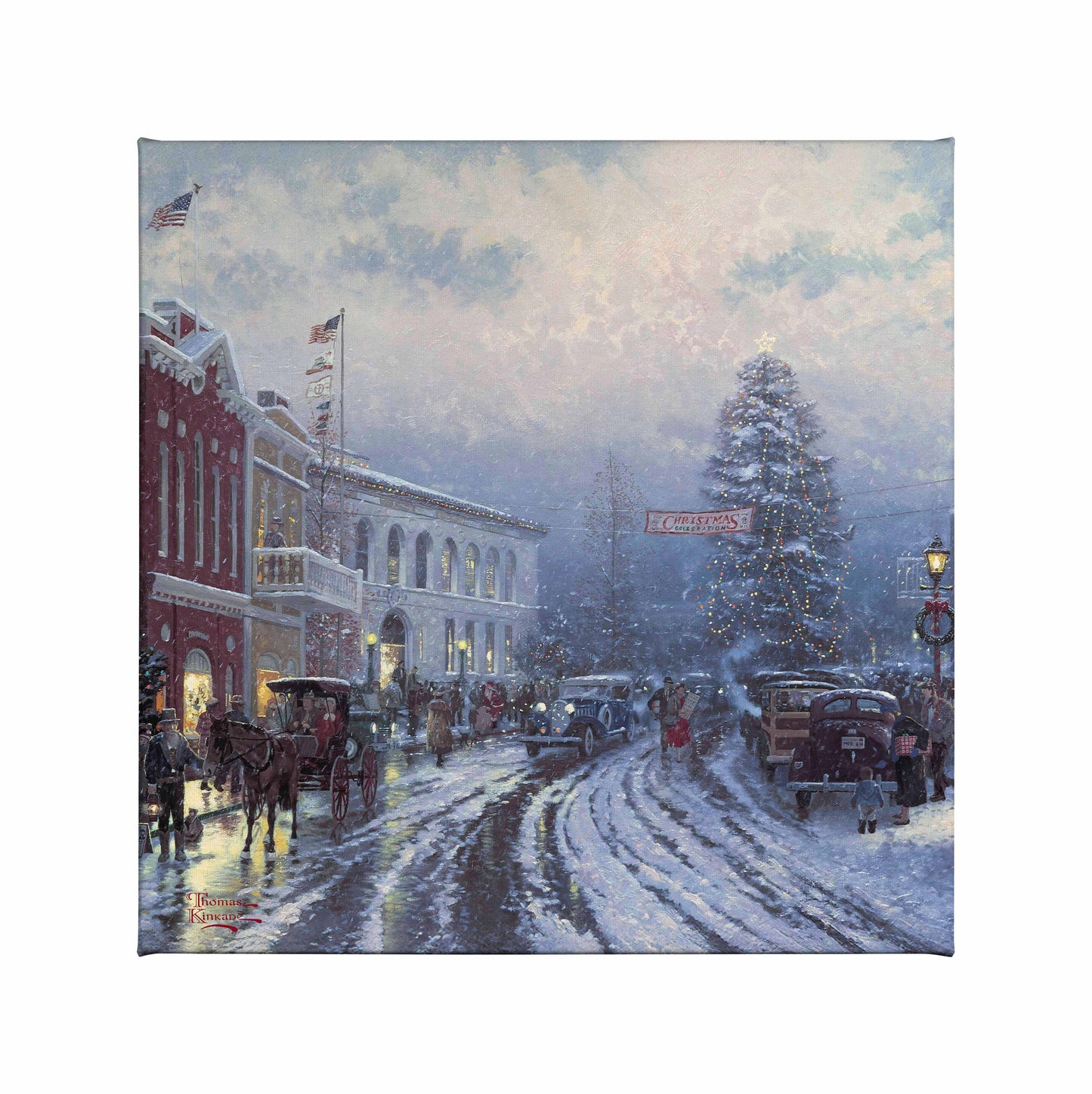 Painting of Christmas in the city with houses and horse carts