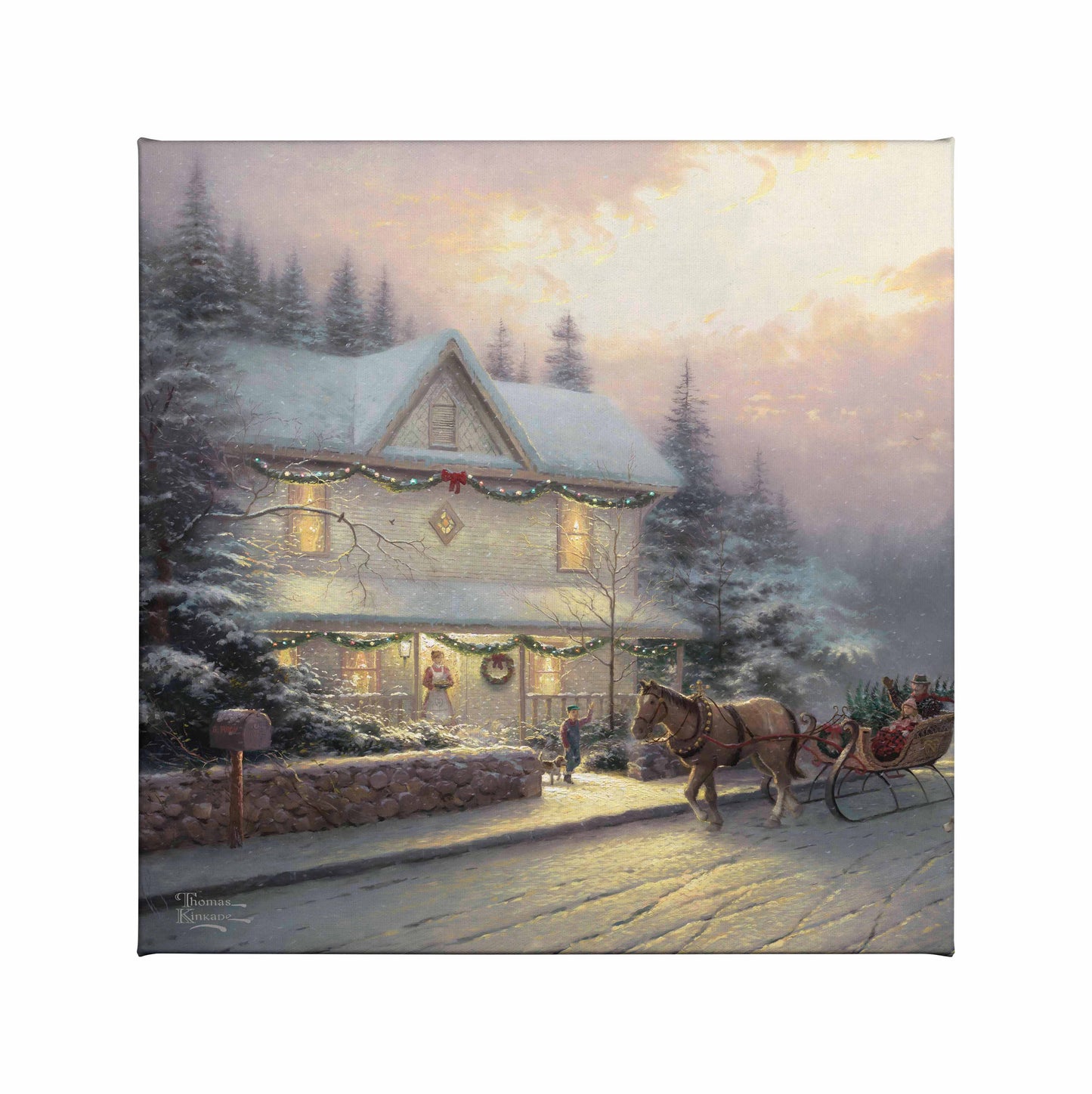 Painting of a Victorian house in the Christmas with a horse cart around
