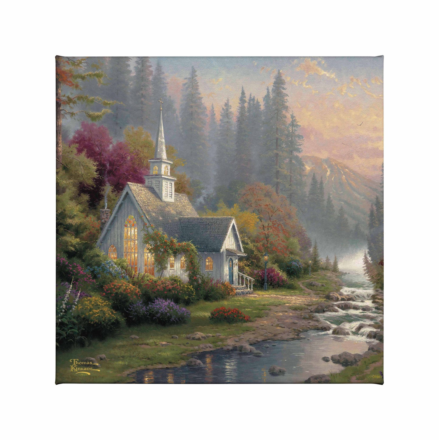 Painting of a forest chapel by the river