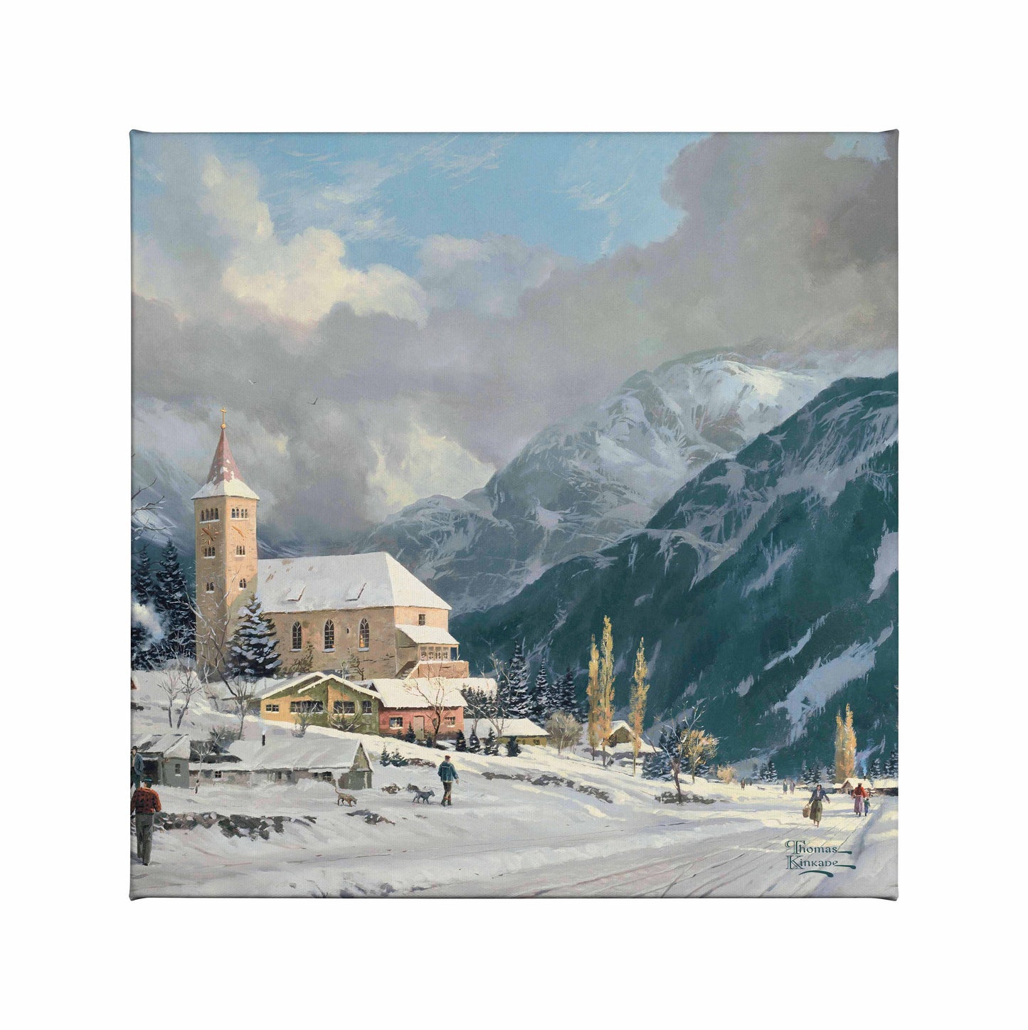 Painting of a Chapel in winter by the mountains