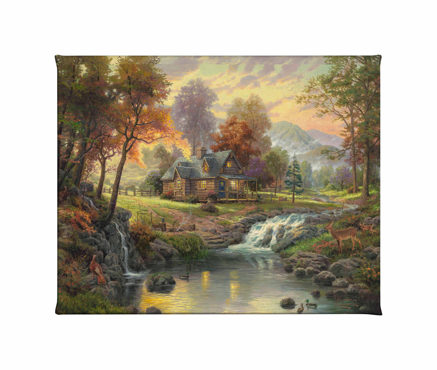 Painting of a cottage by the river with trees and mountains around