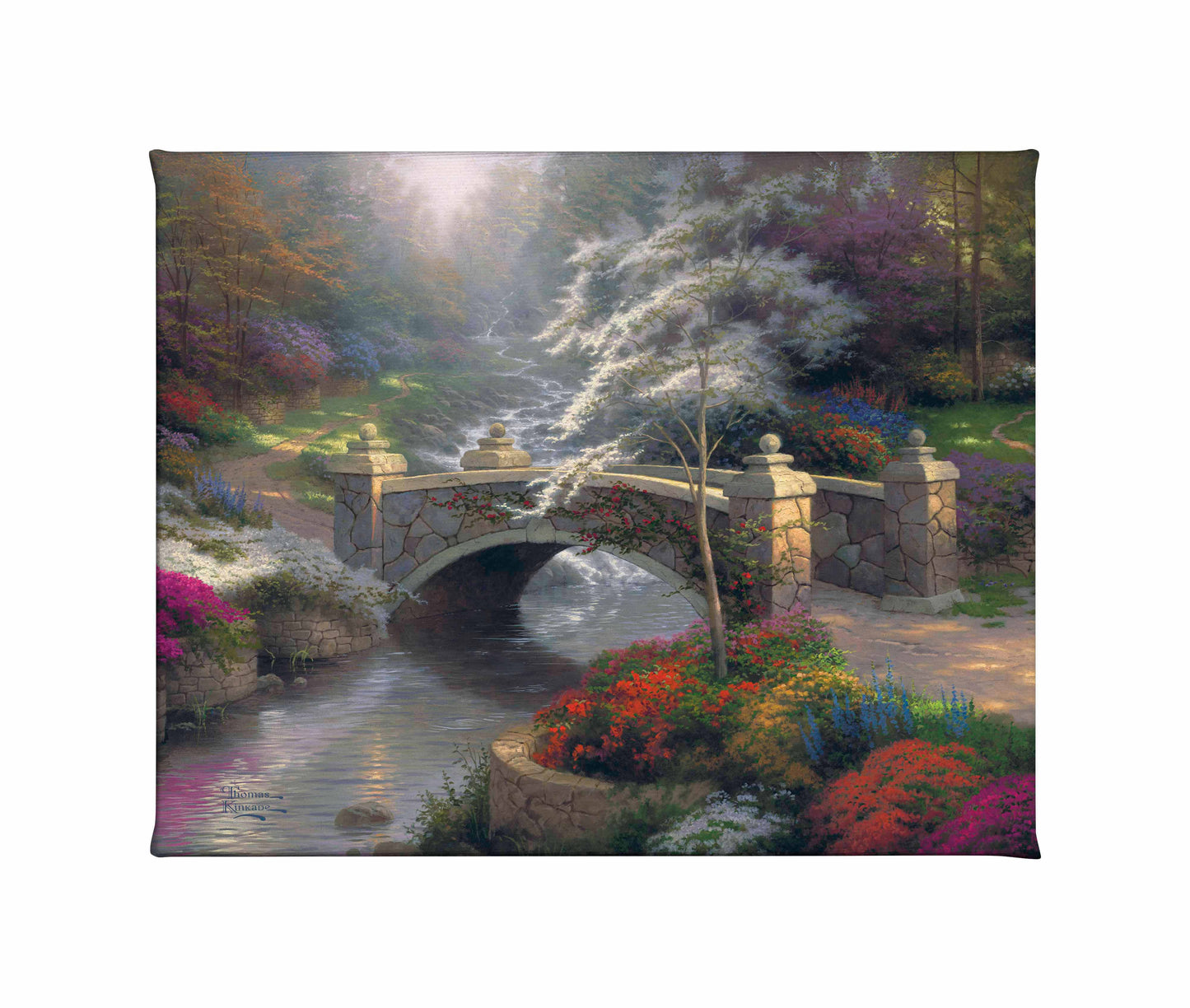 Painting of a bridge and trees by the river
