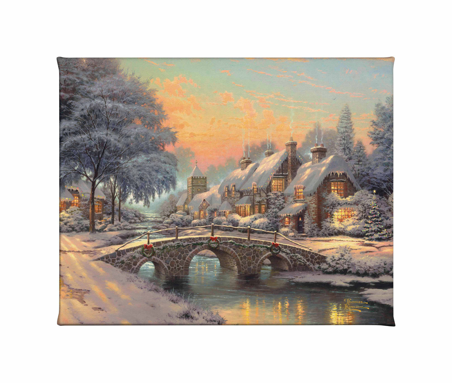 Painting of a bridge and houses in the Christmas