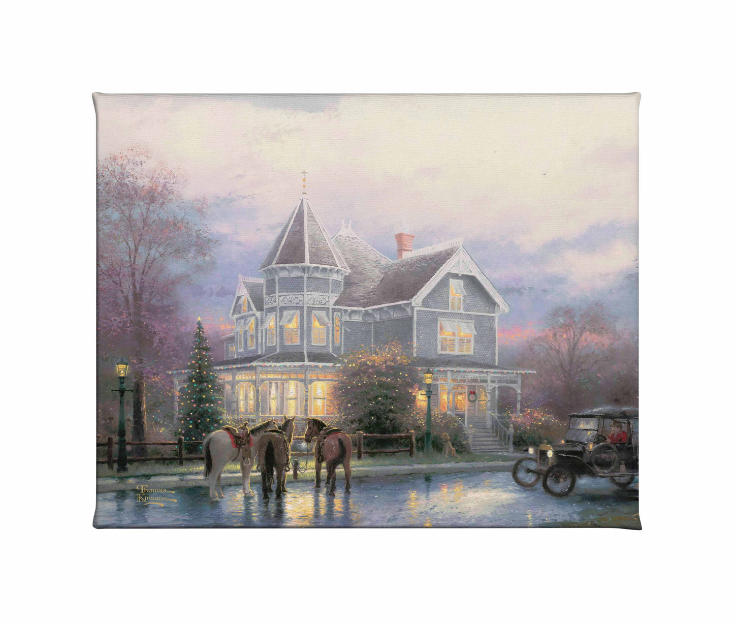 Painting of a Christmas evening with a house and horses