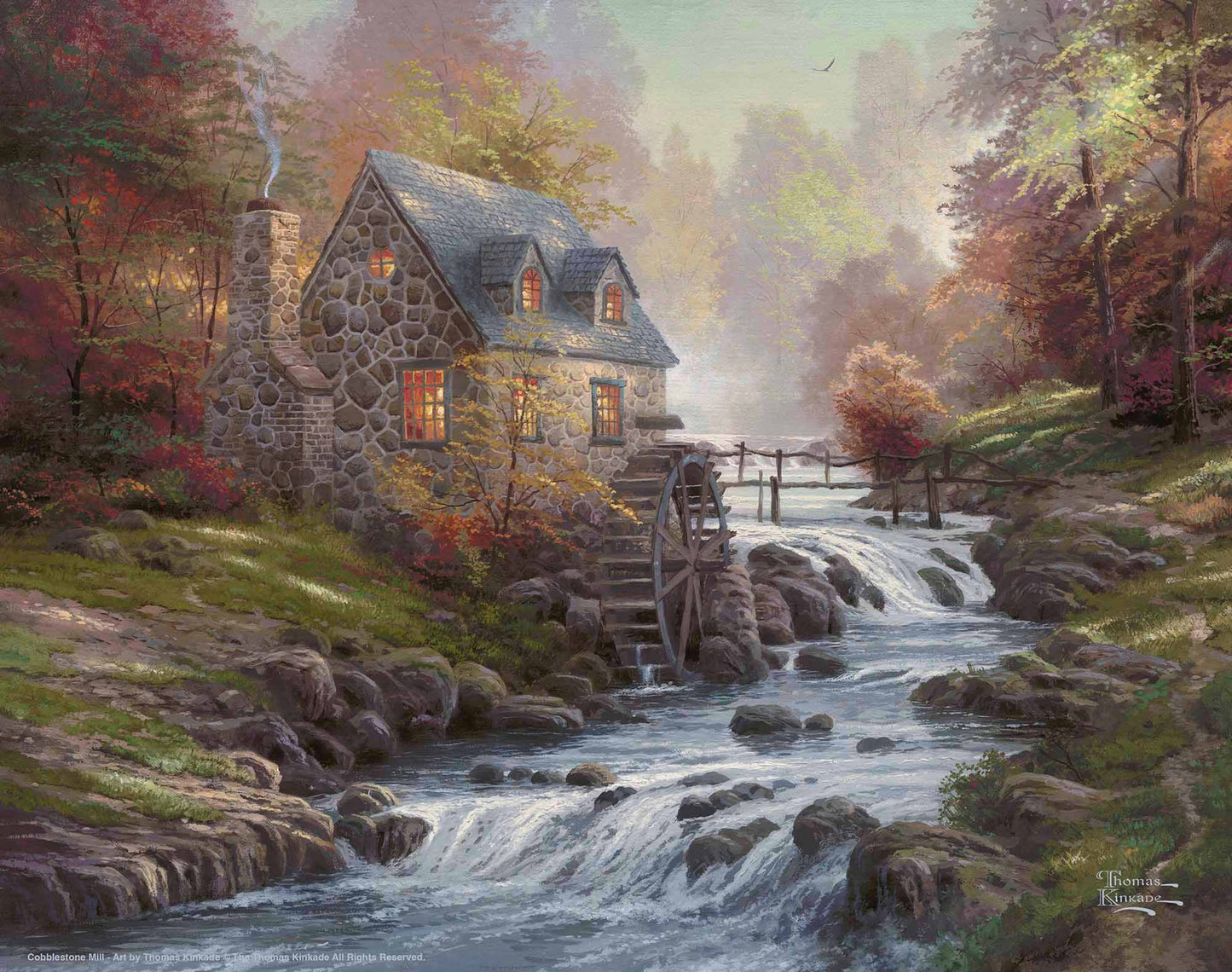 Painting of cobblestone house and trees by the river