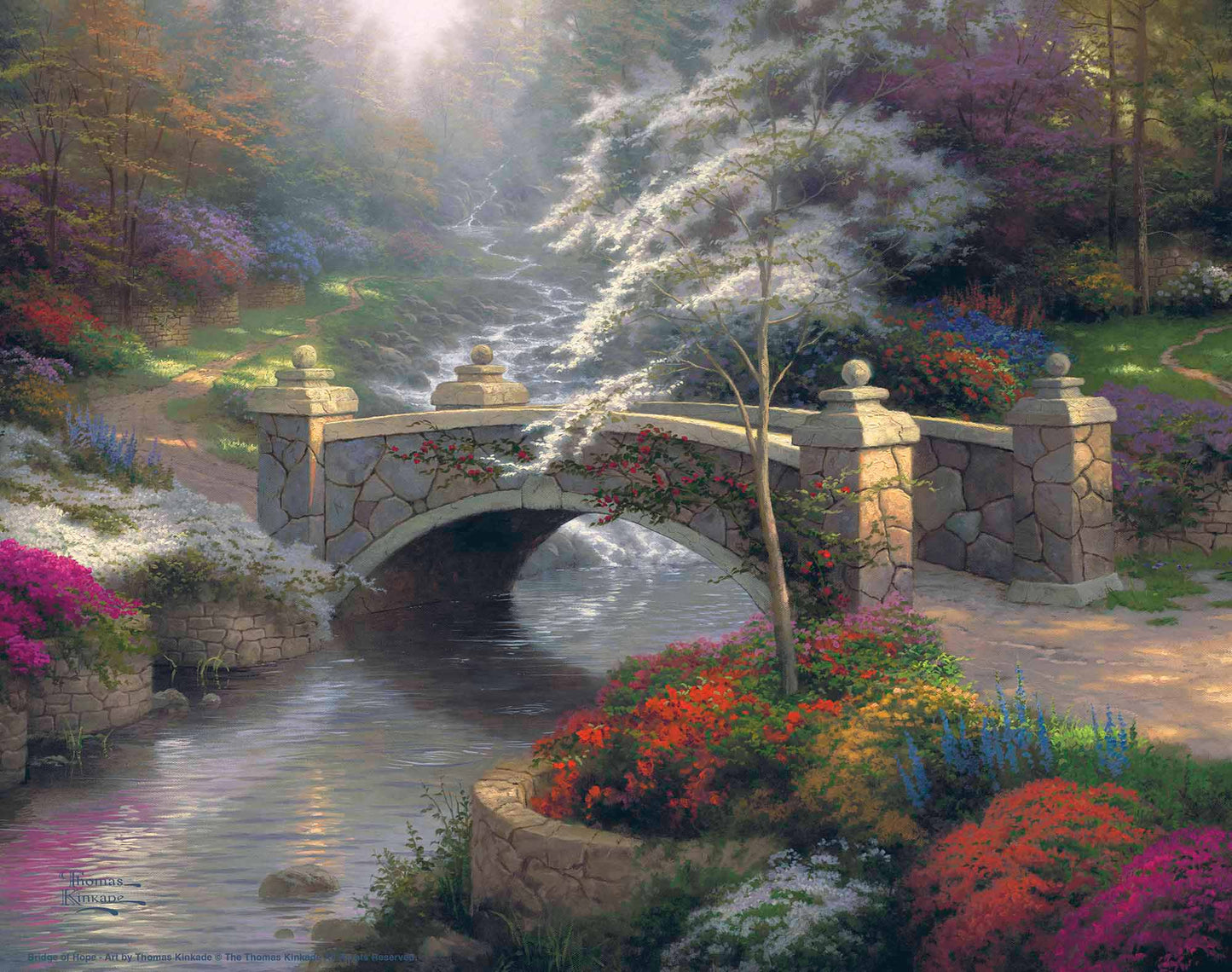 Painting of a bridge with roses by the river