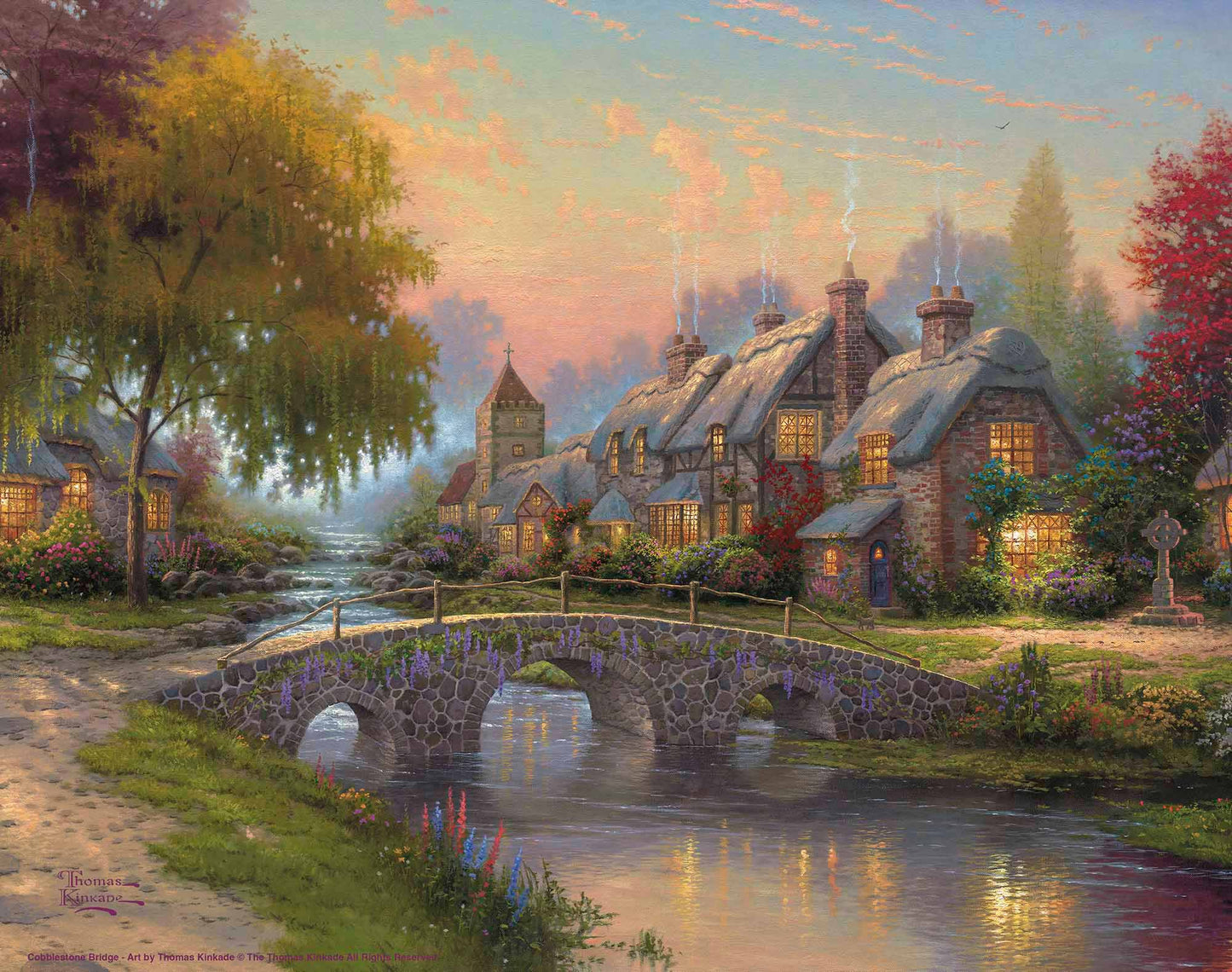 Painting of a bridge and house by the river