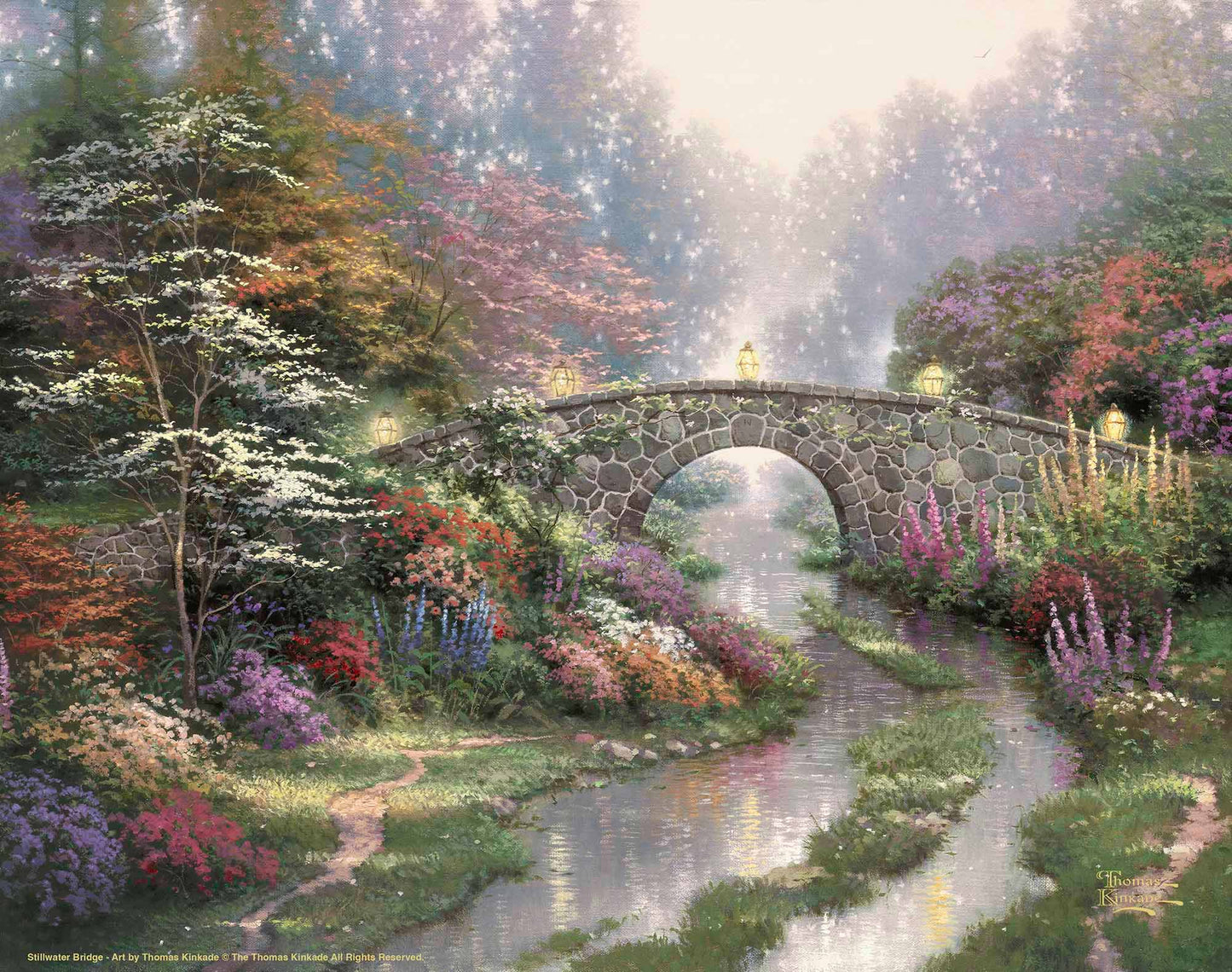 Painting of a bridge and trees by the river