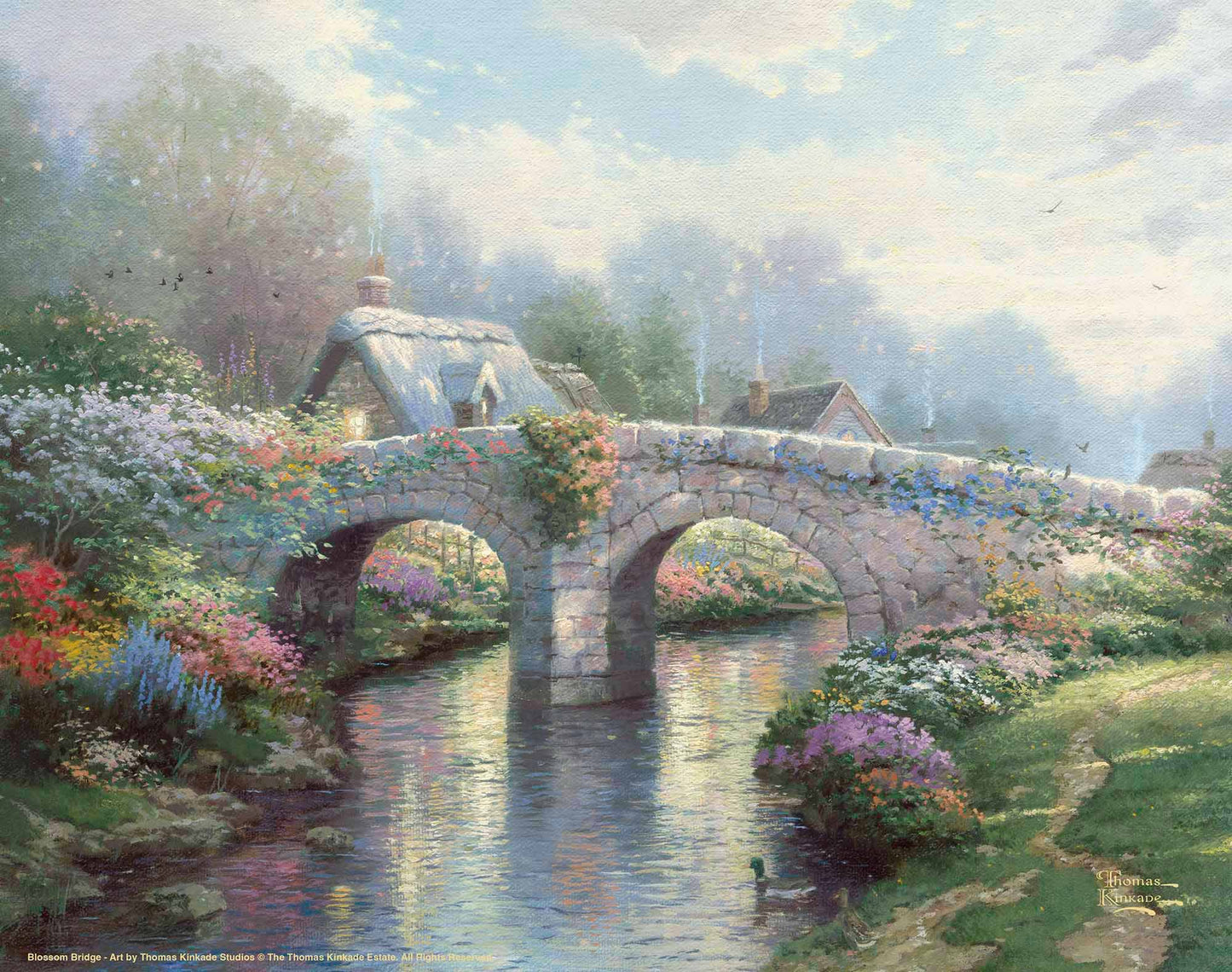 Painting of a bridge and trees by the lake