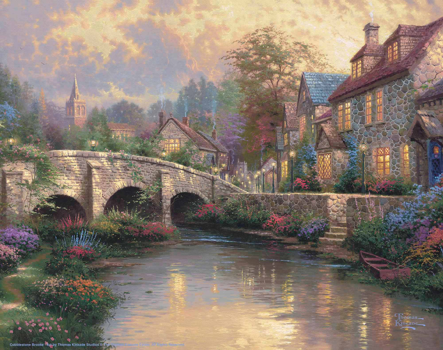 Painting of a bridge and house by the river