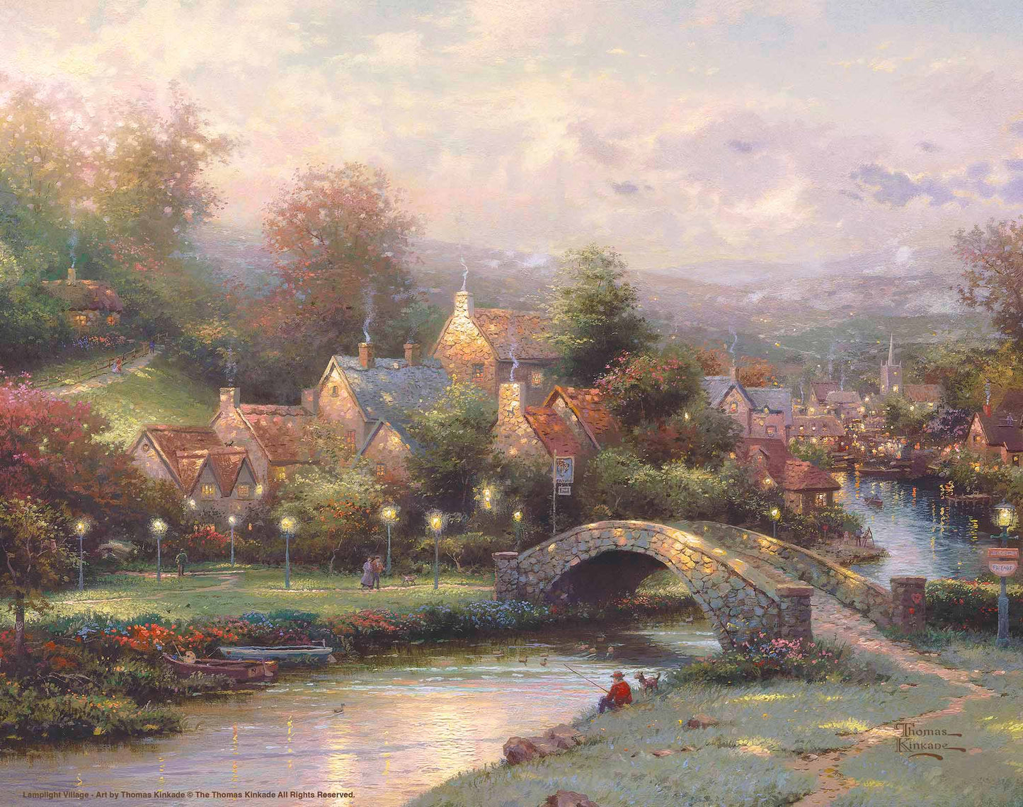 Painting of a village with houses, trees and a bridge by the river