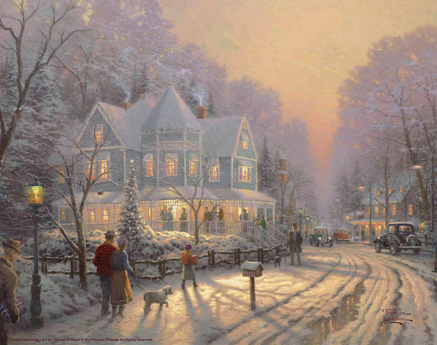 Painting of Christmas house, trees and people gathering