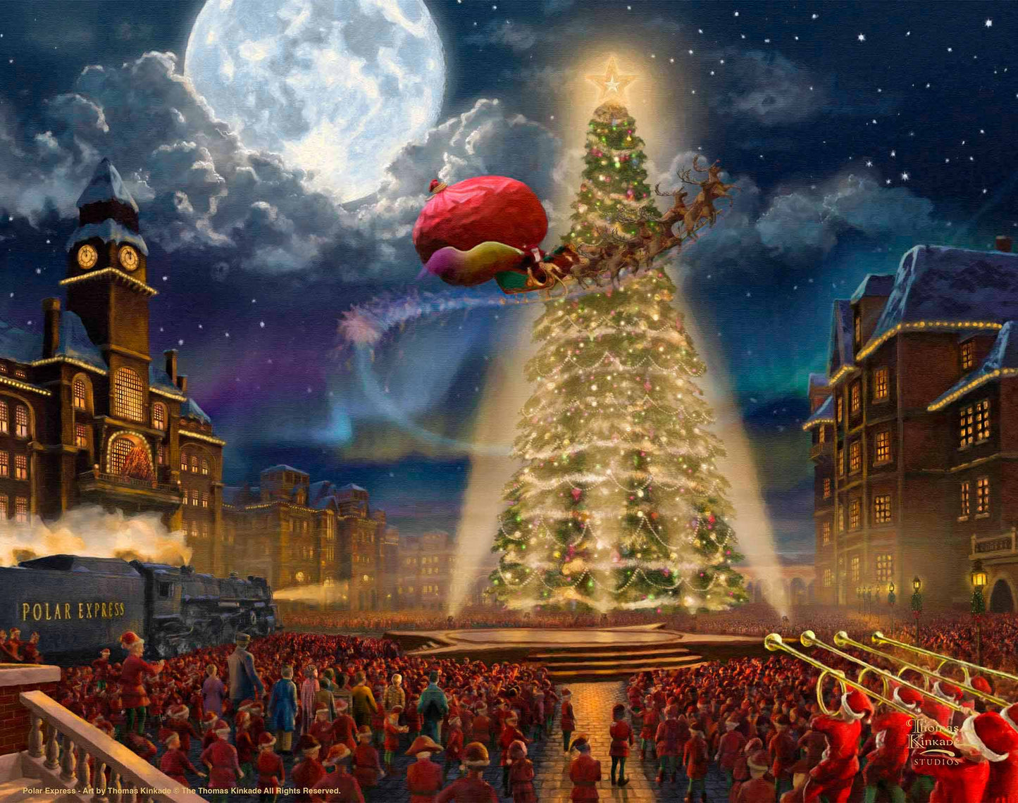Painting of huge christmas tree with people watching it