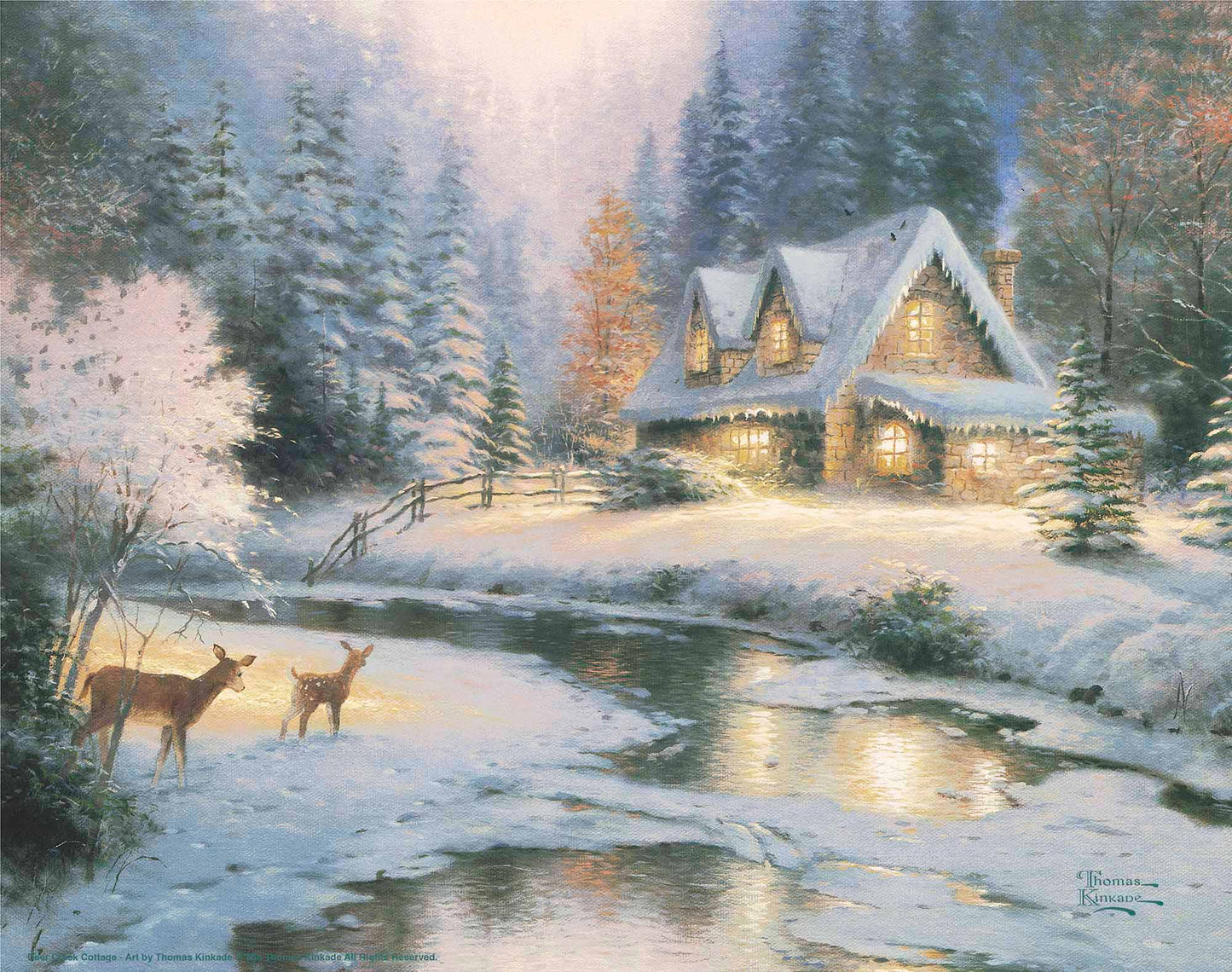 Painting of snowy cottage by the lake with deer around