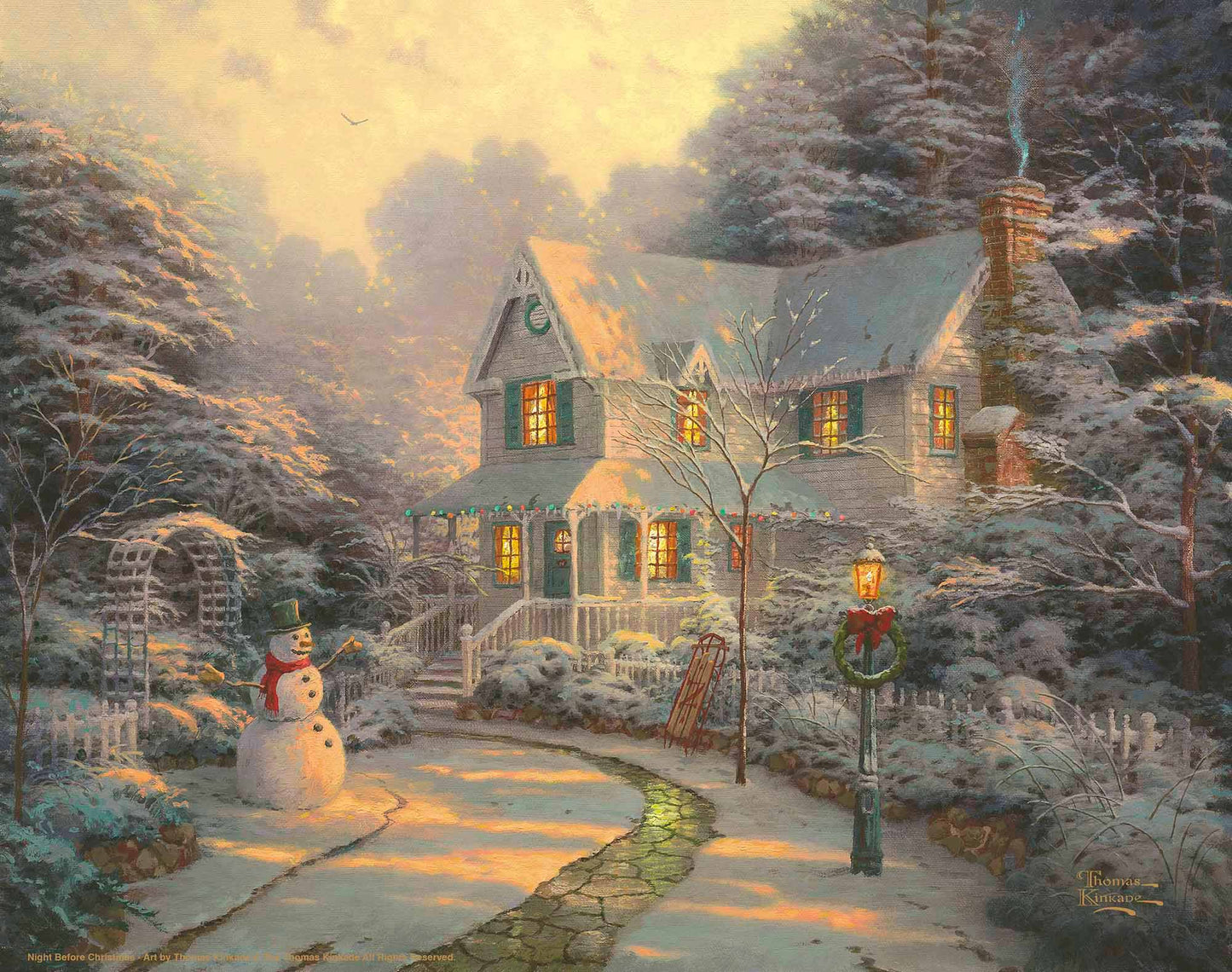 Painting of Christmas house with snowy trees
