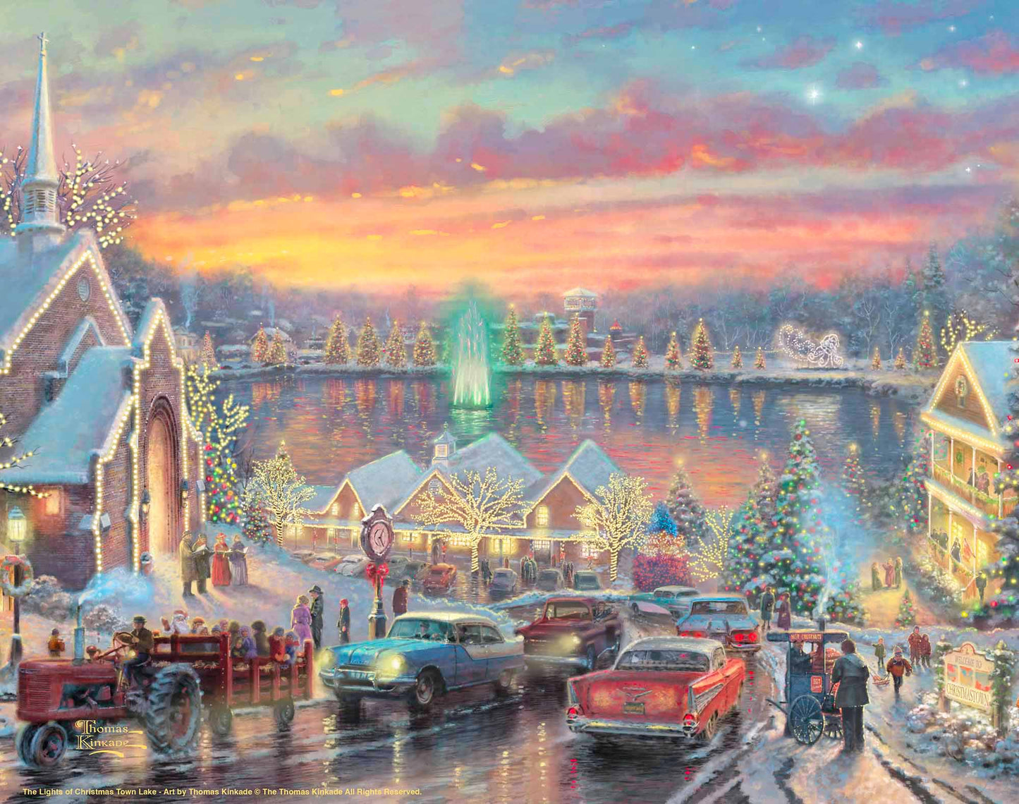 Painting of Christmas with vibrant lights of the city with a chapel, houses, people and cars all by the river