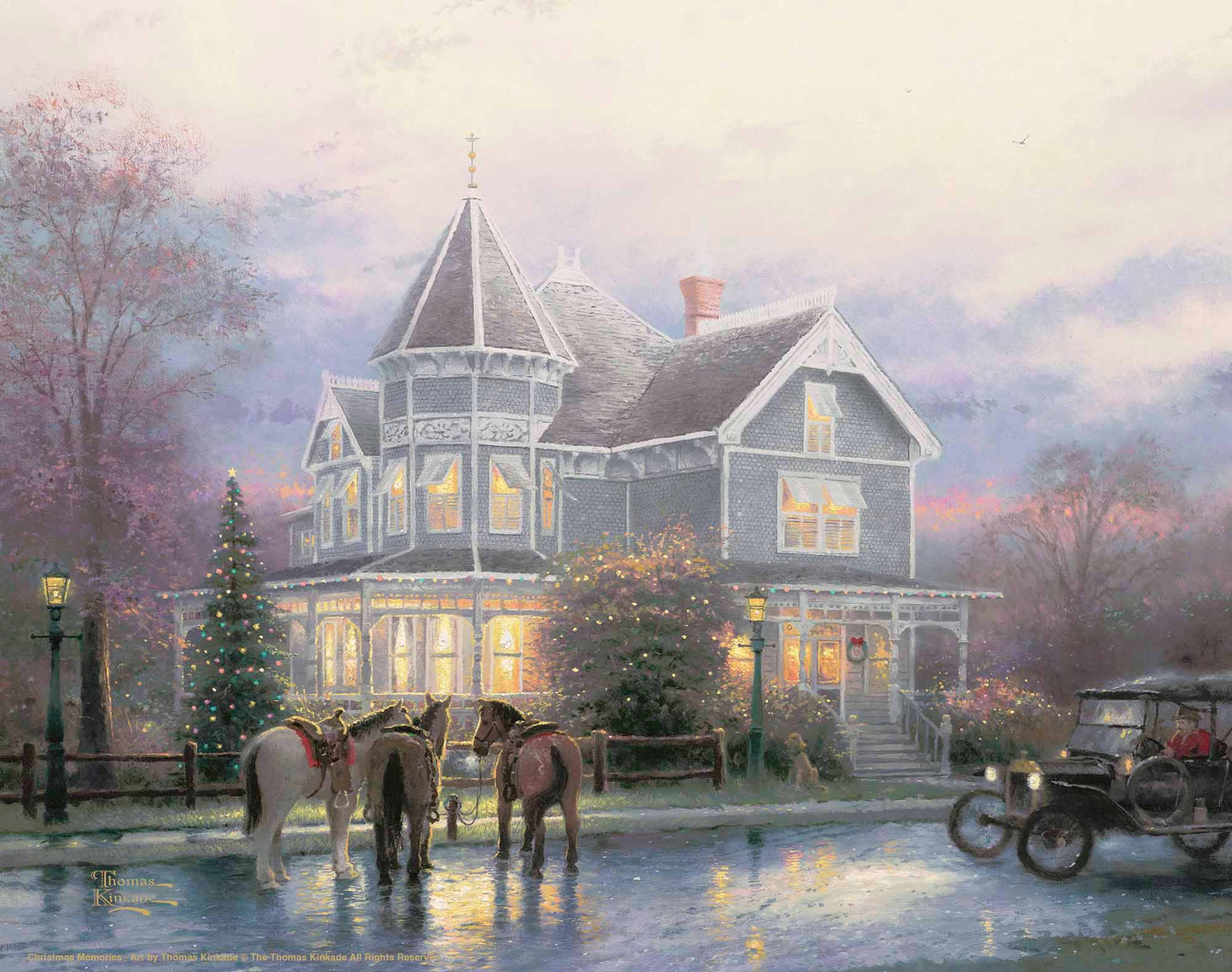 Painting of Christmas house with trees, horses and car around