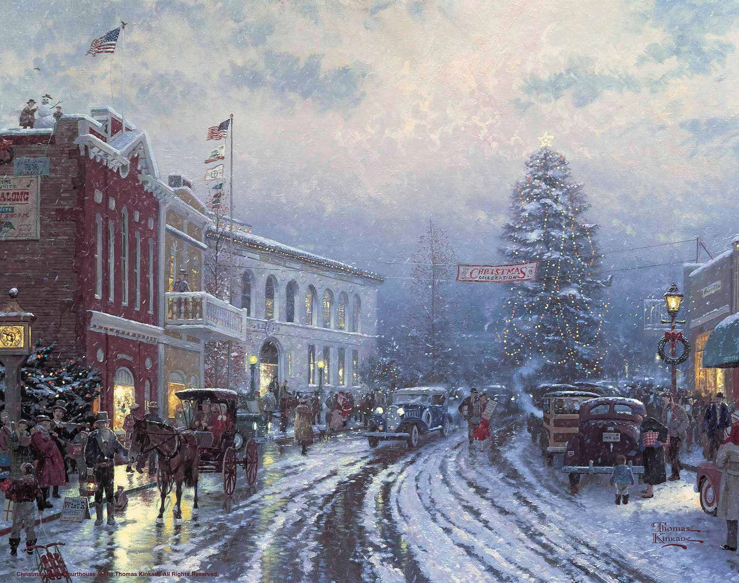 Painting of Christmas at the courthouse with people, horse carts and cars on the street