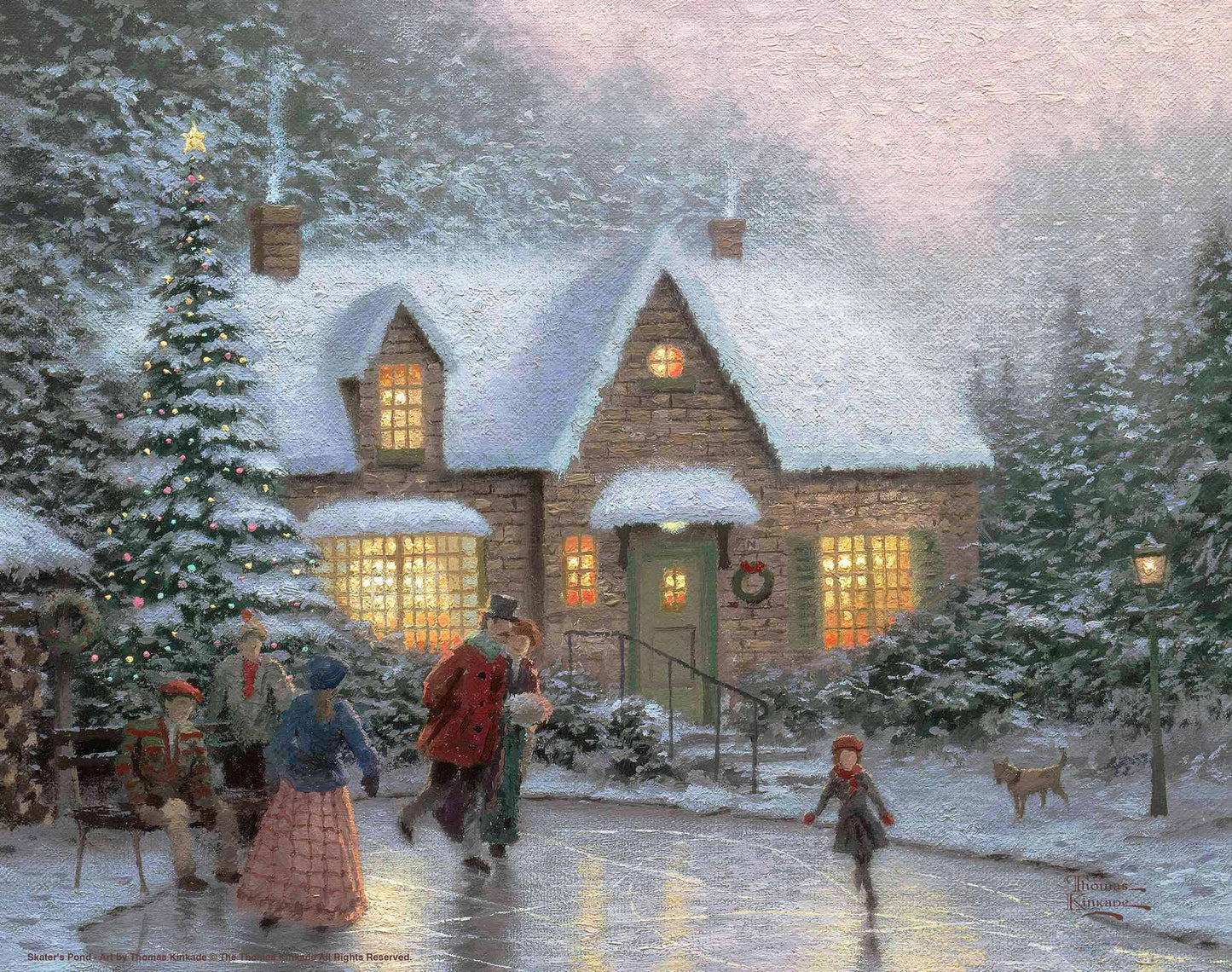Painting of a Christmas house and trees with people playing in front