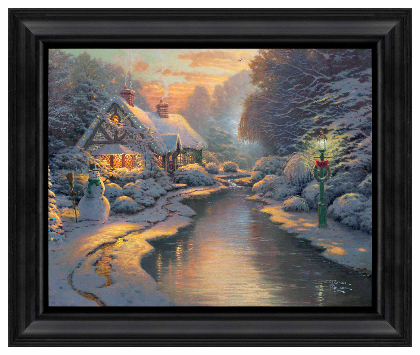 Framed painting of a cottage and trees by the river