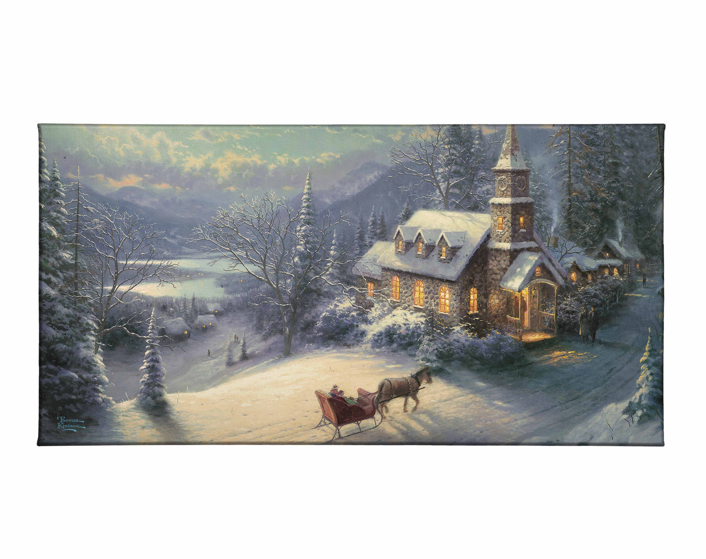 Painting of snowy village with chapel and horse cart