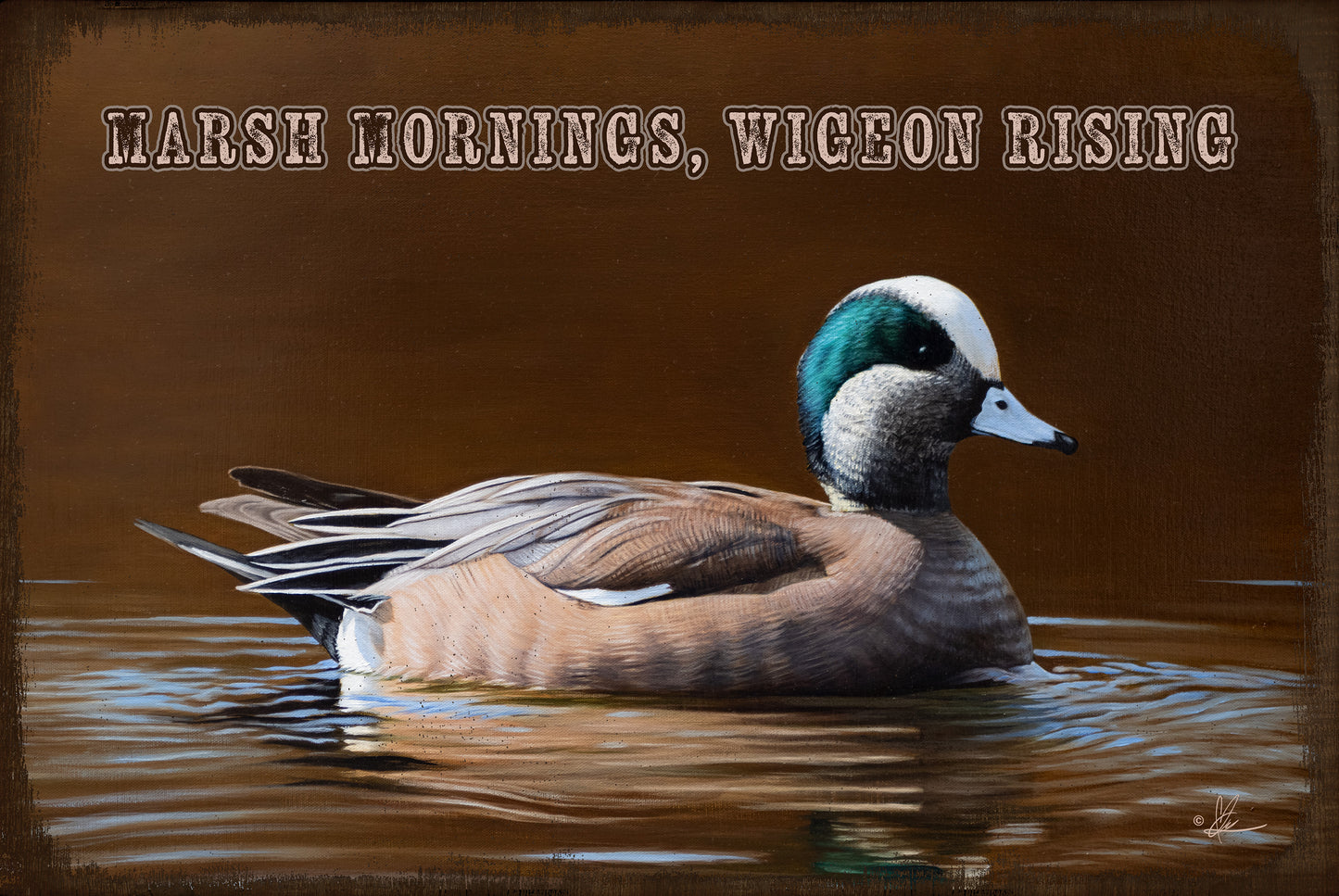 Wood sign with a duck painting saying "marsh mornings, wigeon rising"