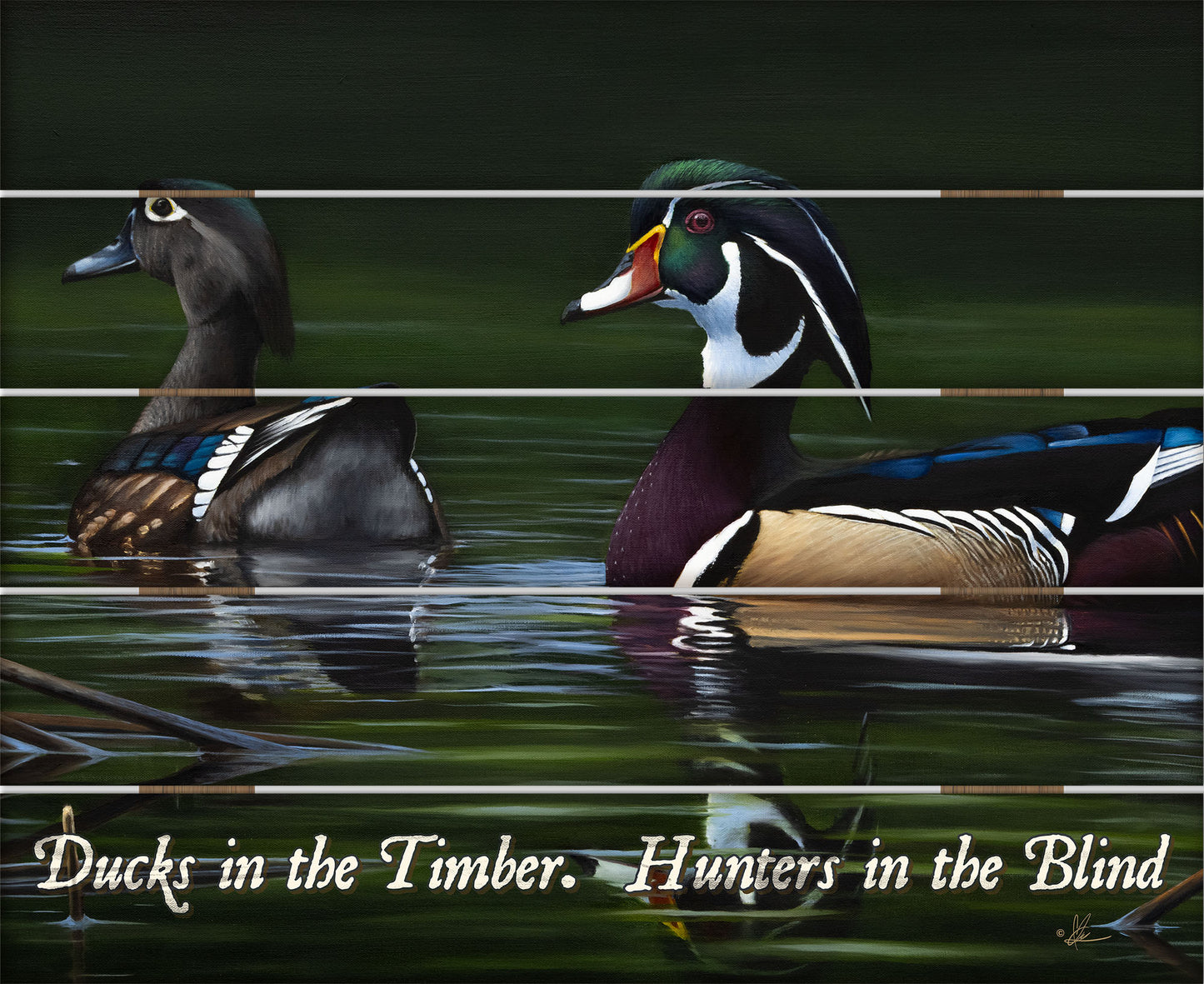 Wood pallet sign with two ducks in the river saying "ducks in the timber. hunters in the blind"