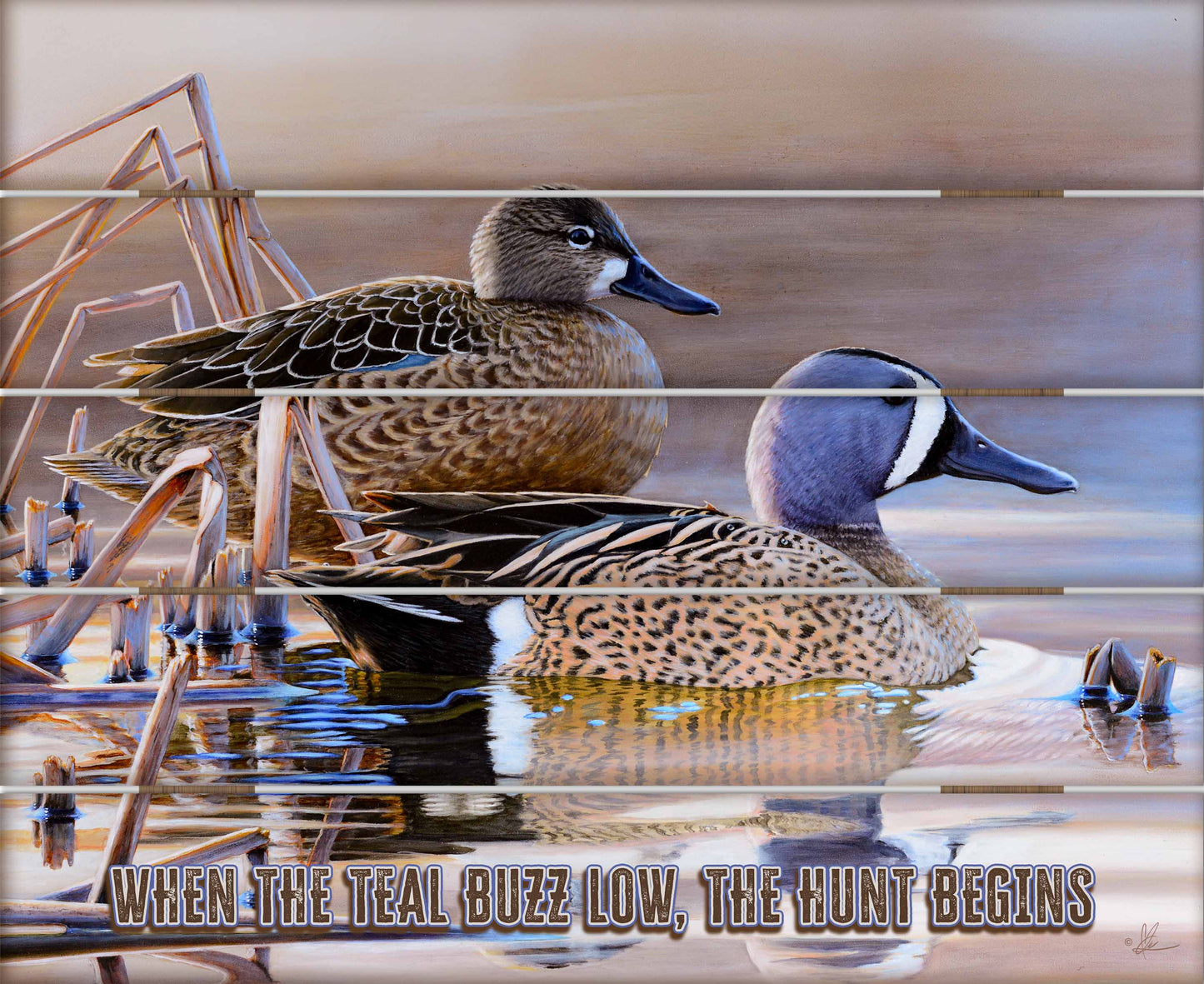 Wood pallet sign with two ducks in the river saying "when the teal buzz low, the hunt begins"