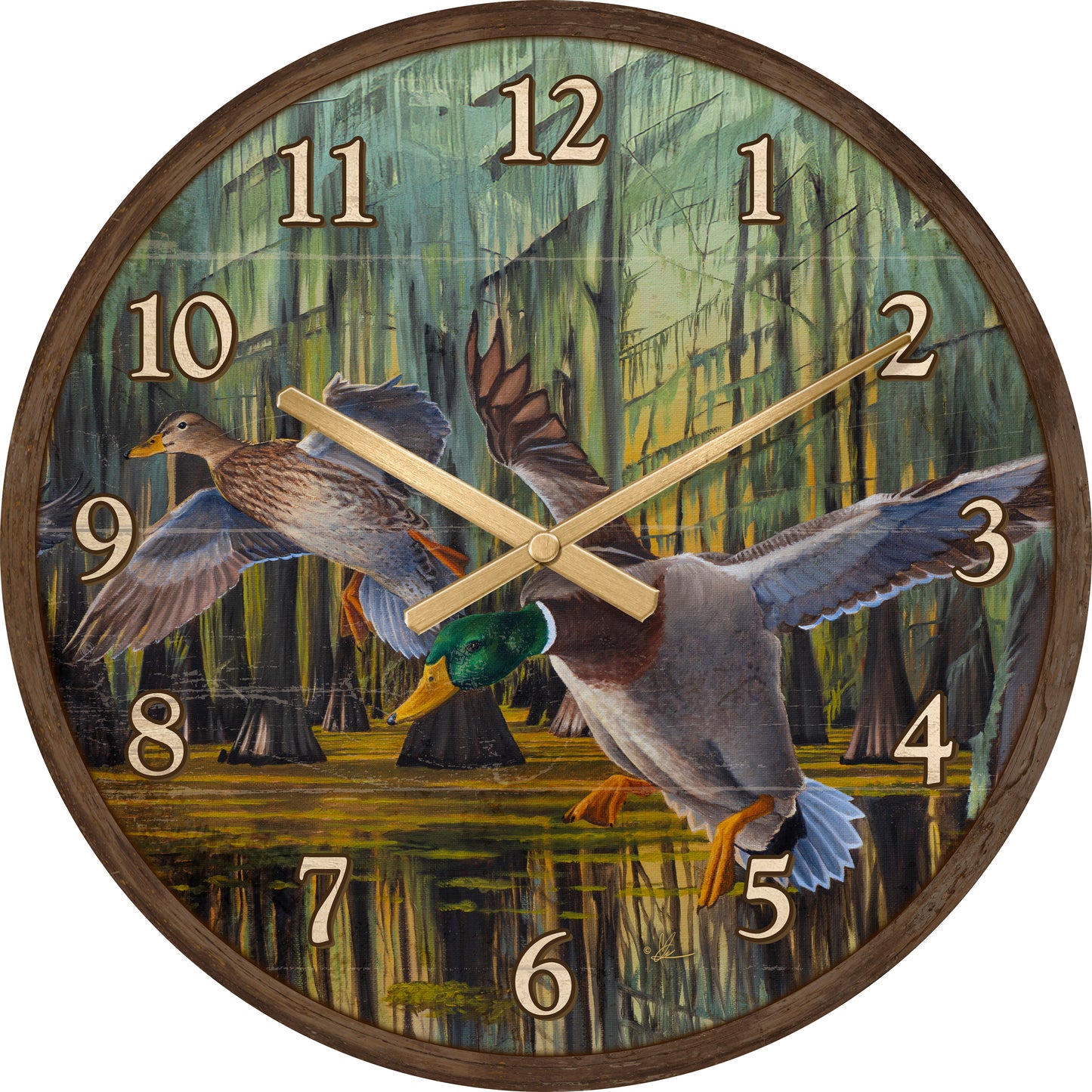 Round clock with flying birds painting