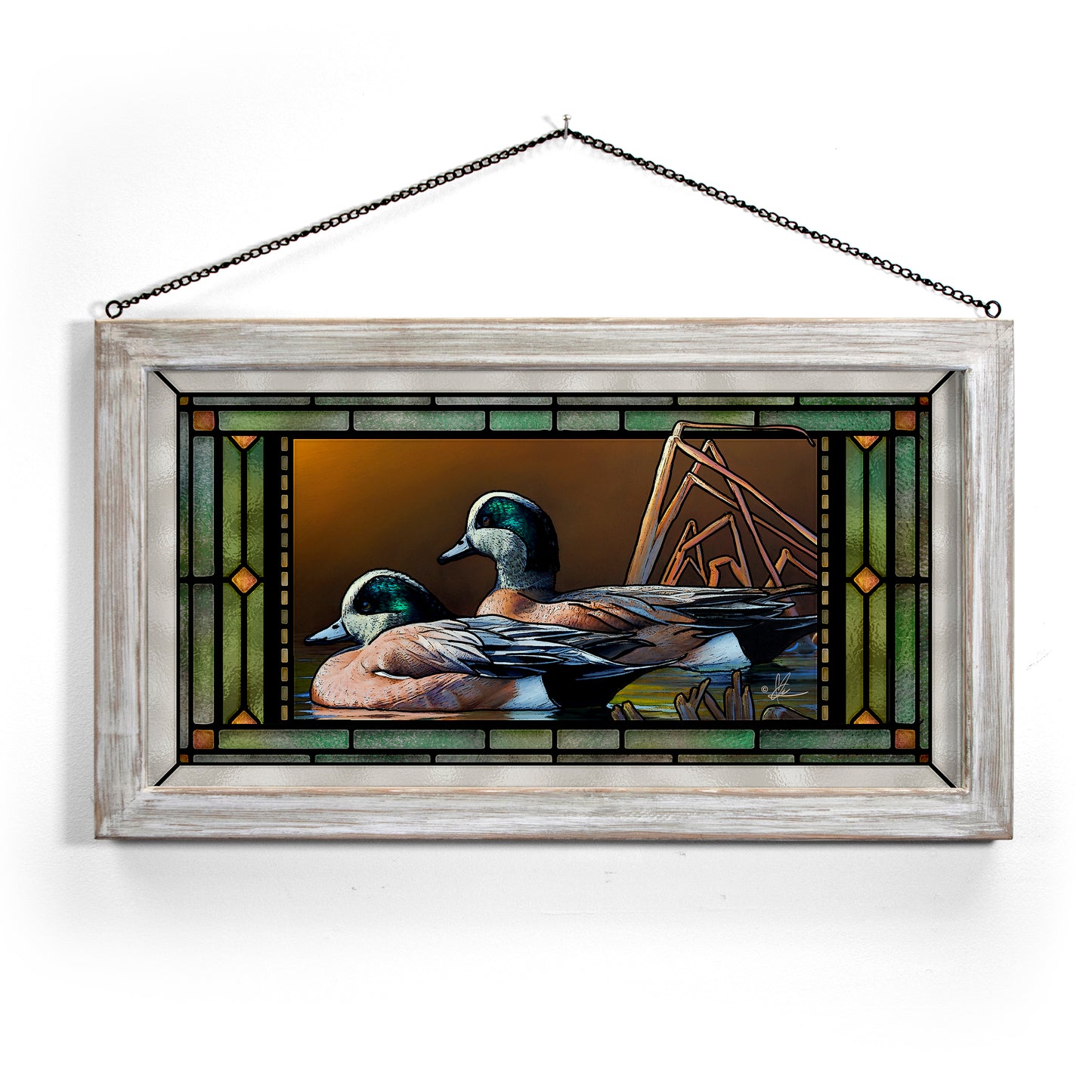 Framed painting with two ducks in the river