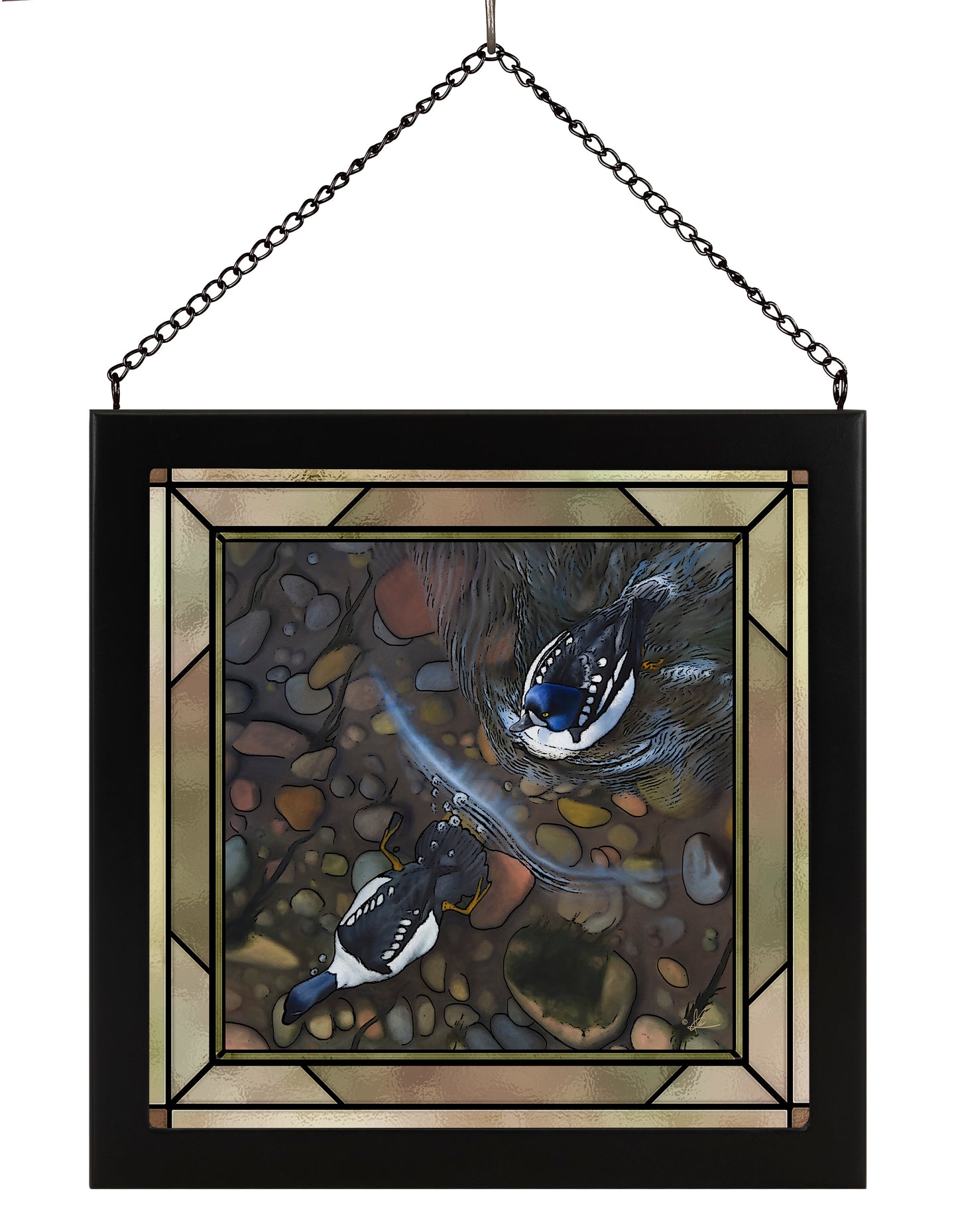 Framed painting with a duck in the river