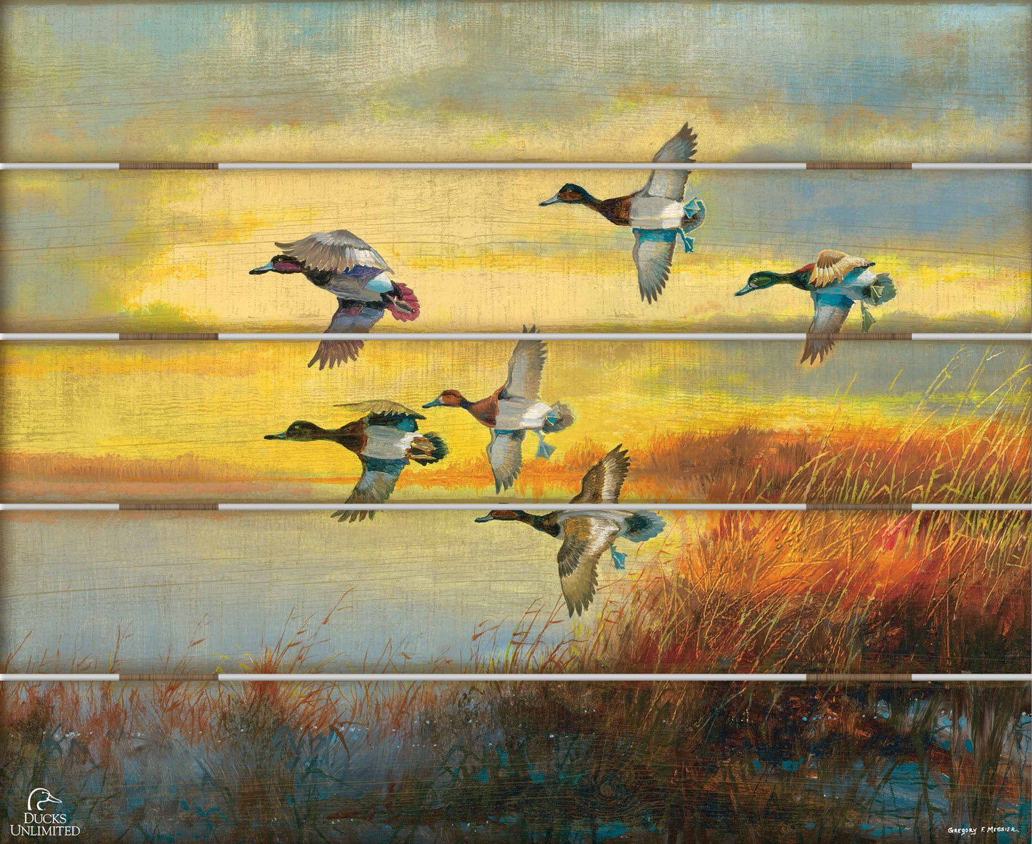 Autumn Sunrise Bluebills 18" x 22" Pallet Wall Art - Official Ducks Unlimited Art