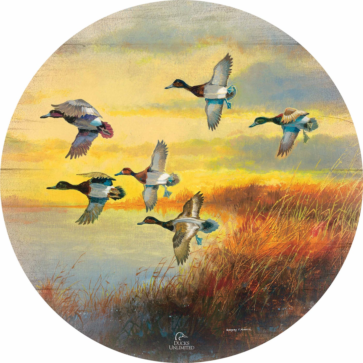 Autumn Sunrise Bluebills 21" Round Wood Sign - Official Ducks Unlimited Art
