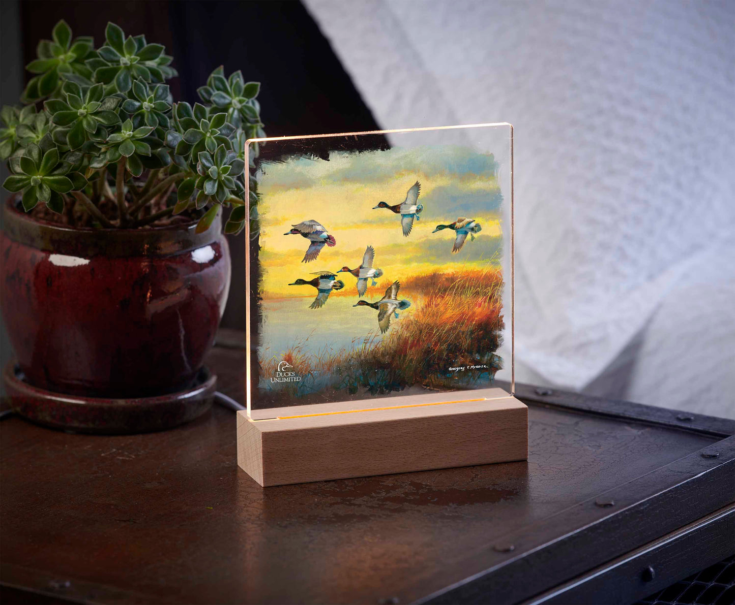 Autumn Sunrise Bluebills 6.37" x 6" Acrylic Nightlight - Official Ducks Unlimited Art