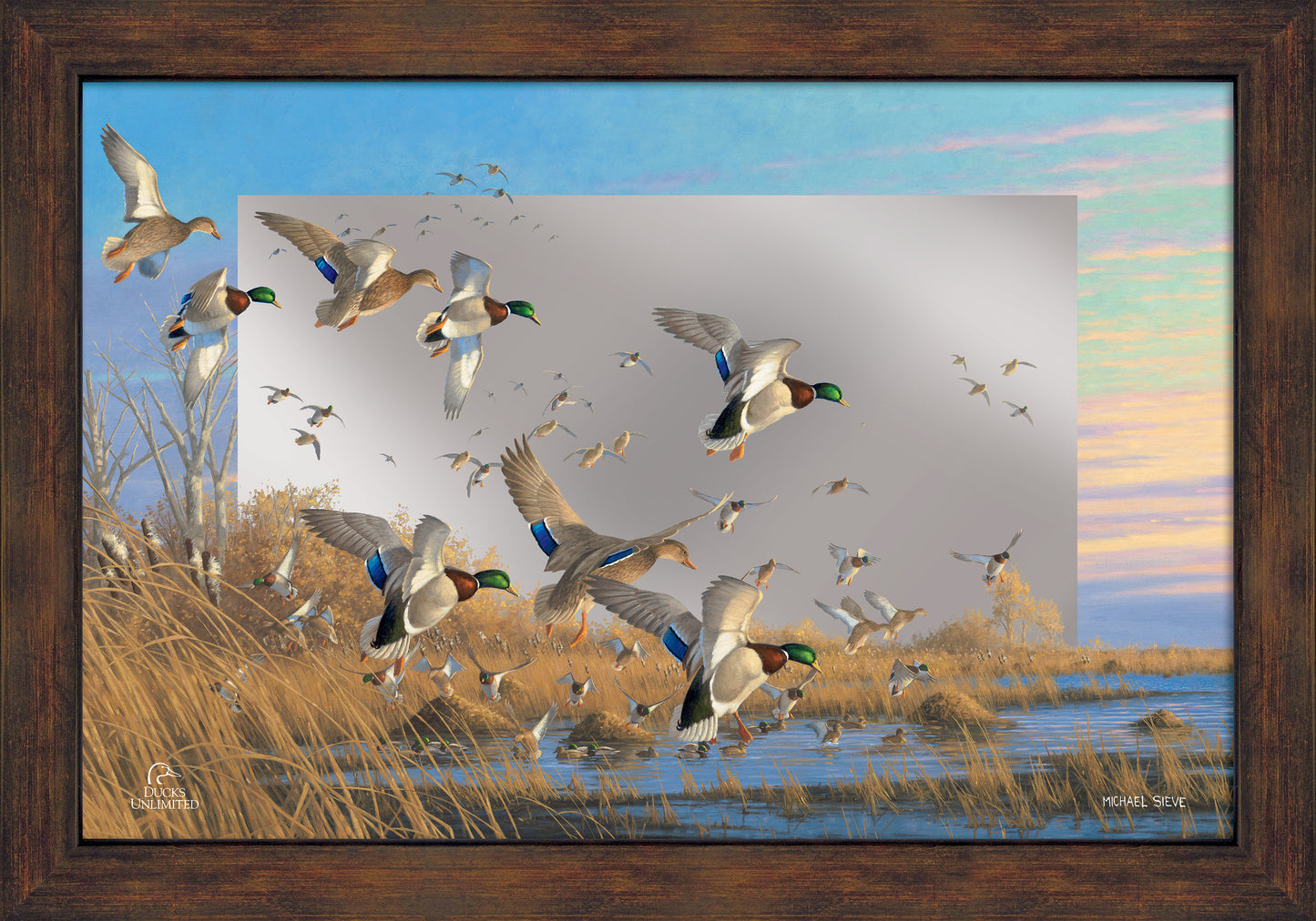 Dropping in Mallards 16" x 24" Mirror Framed Barnwood - Official Ducks Unlimited Art