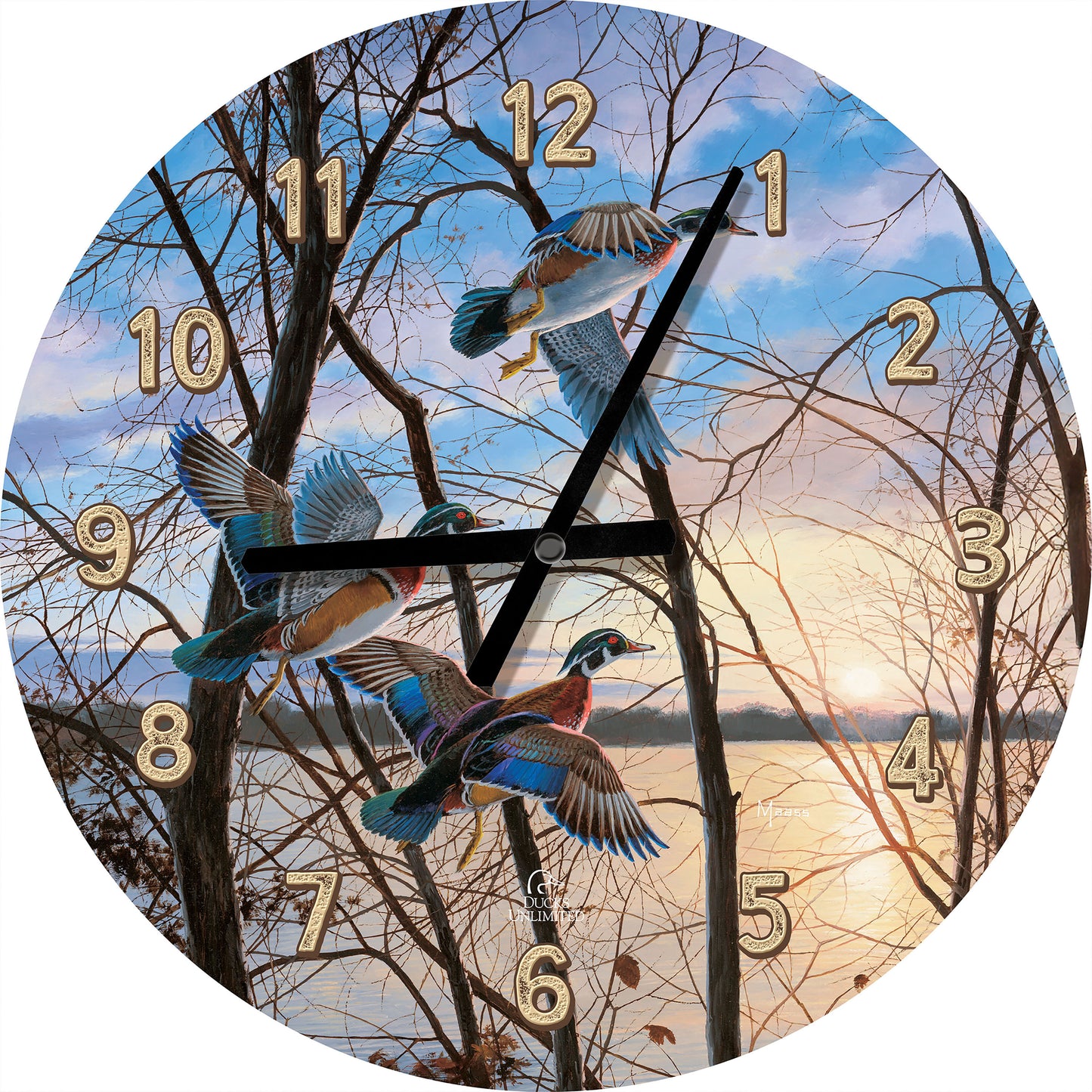 Evening Flight Wood Ducks 21" Round Clock - Official Ducks Unlimited Art