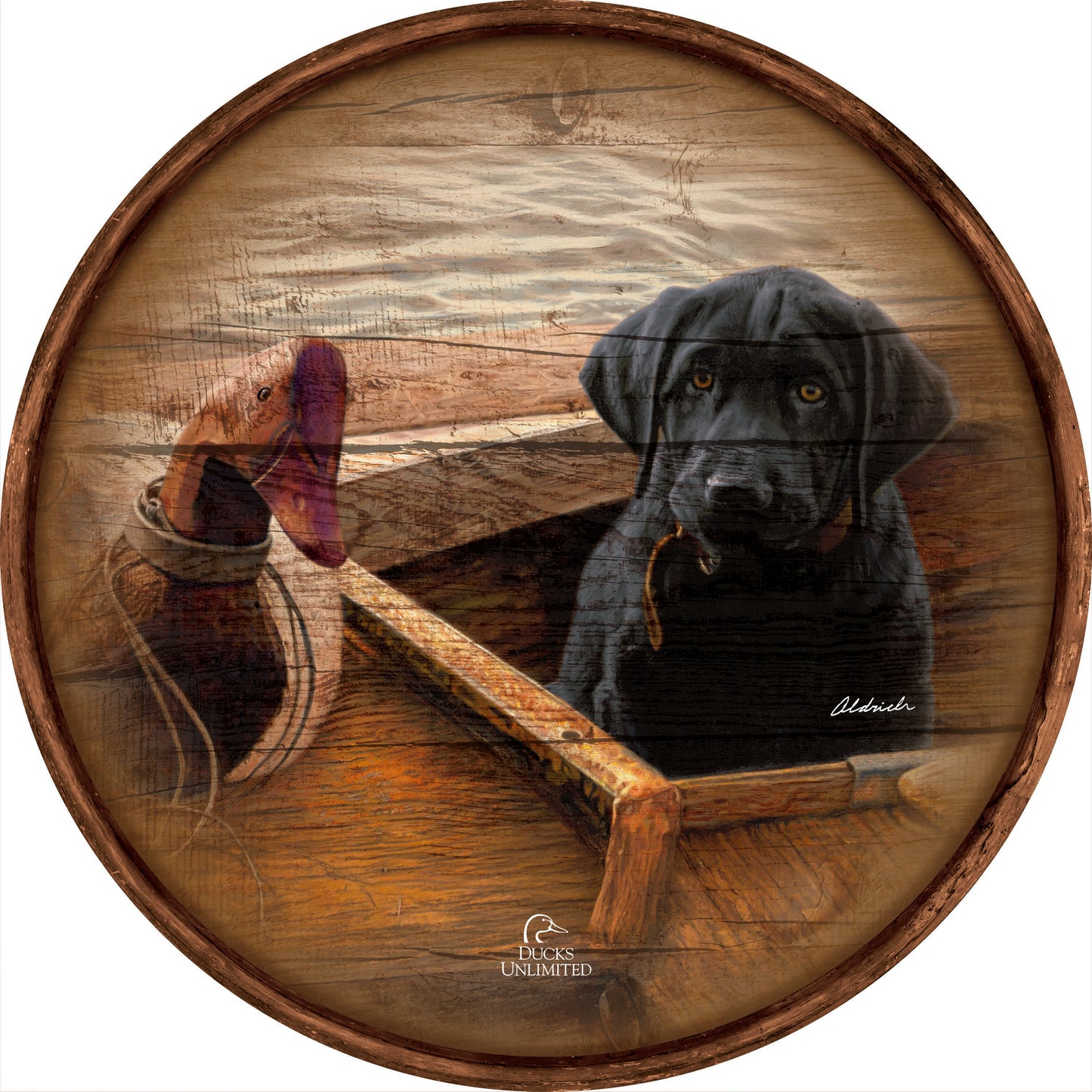 Old School Black Lab 21" Round Wood Sign - Official Ducks Unlimited Art