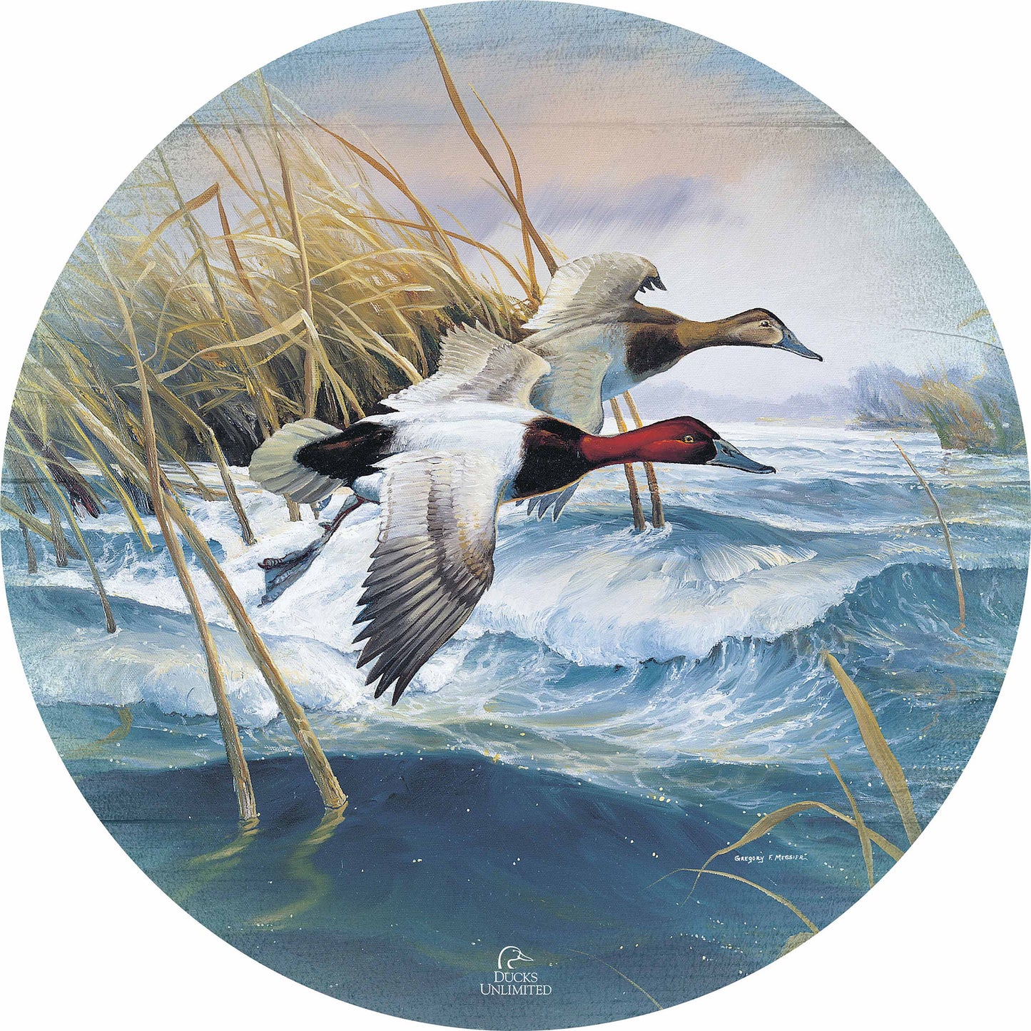 On the Deck Canvasbacks 21" Round Wood Sign - Official Ducks Unlimited Art