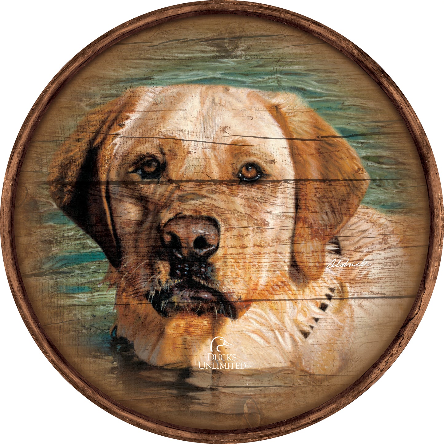 On the Job Yellow Lab 21" Round Wood Sign - Official Ducks Unlimited Art