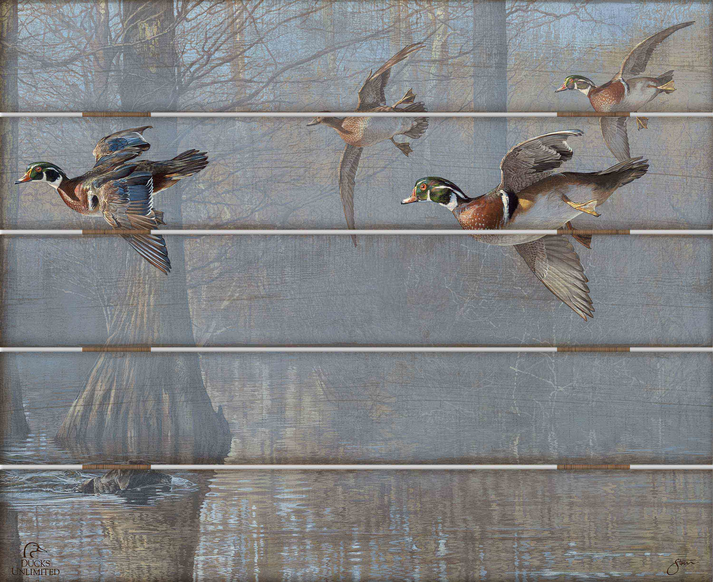 Out of the Mist - Wood Ducks 18" x 22" Pallet Wall Art - Official Ducks Unlimited Art