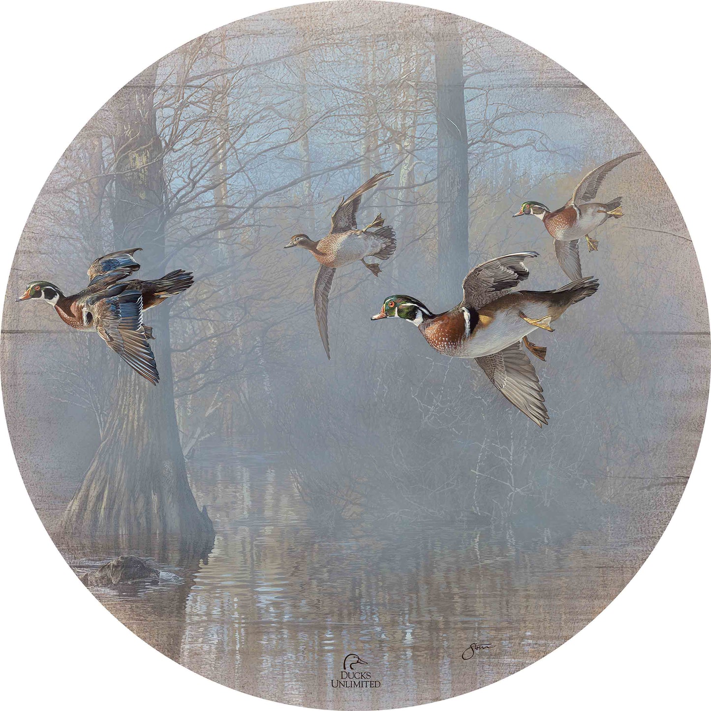 Out of the Mist - Wood Ducks 21" Round Wood Sign - Official Ducks Unlimited Art